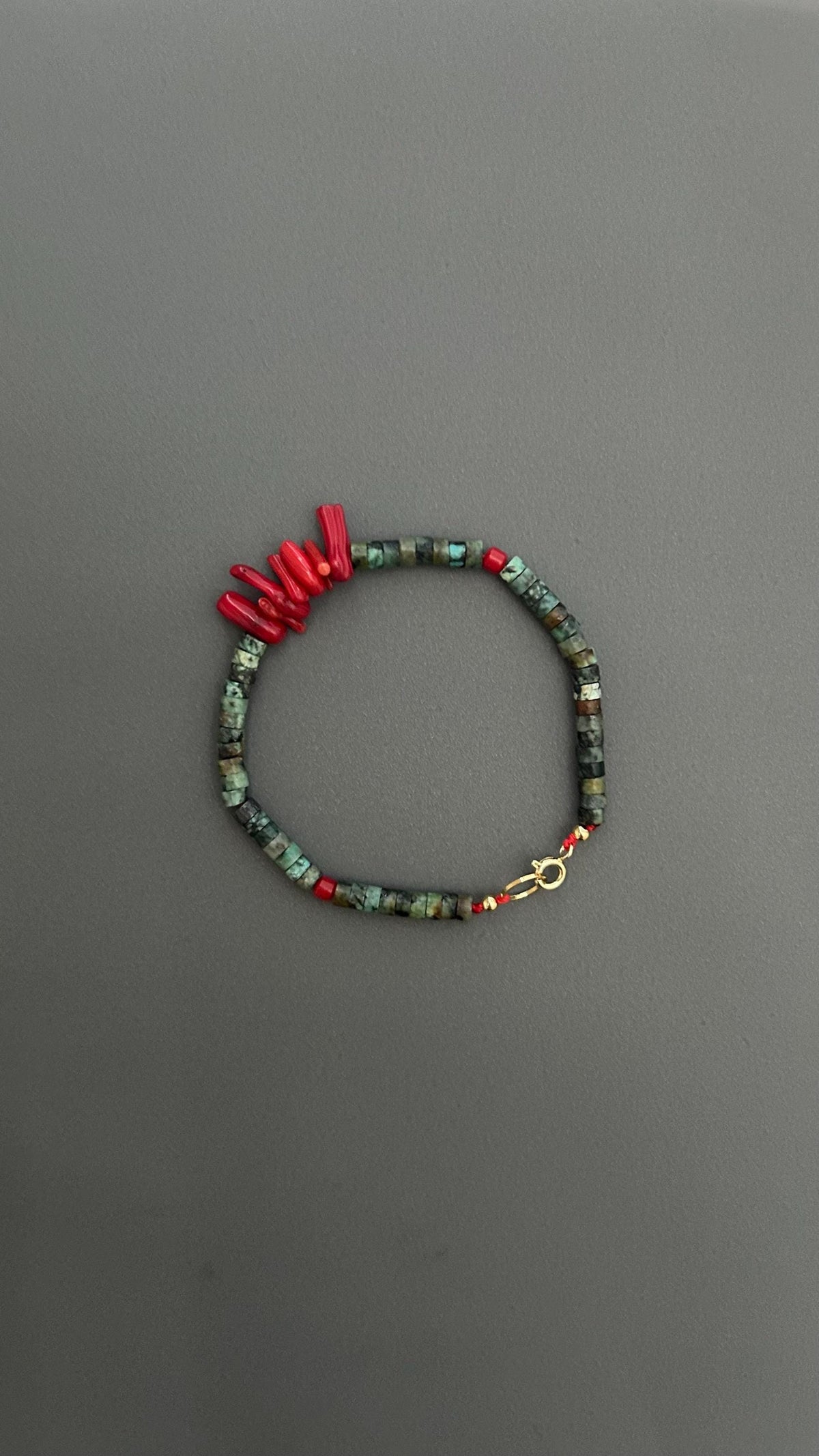 Red Coral Turquoise Beaded Bracelet: Handmade Boho Bangle