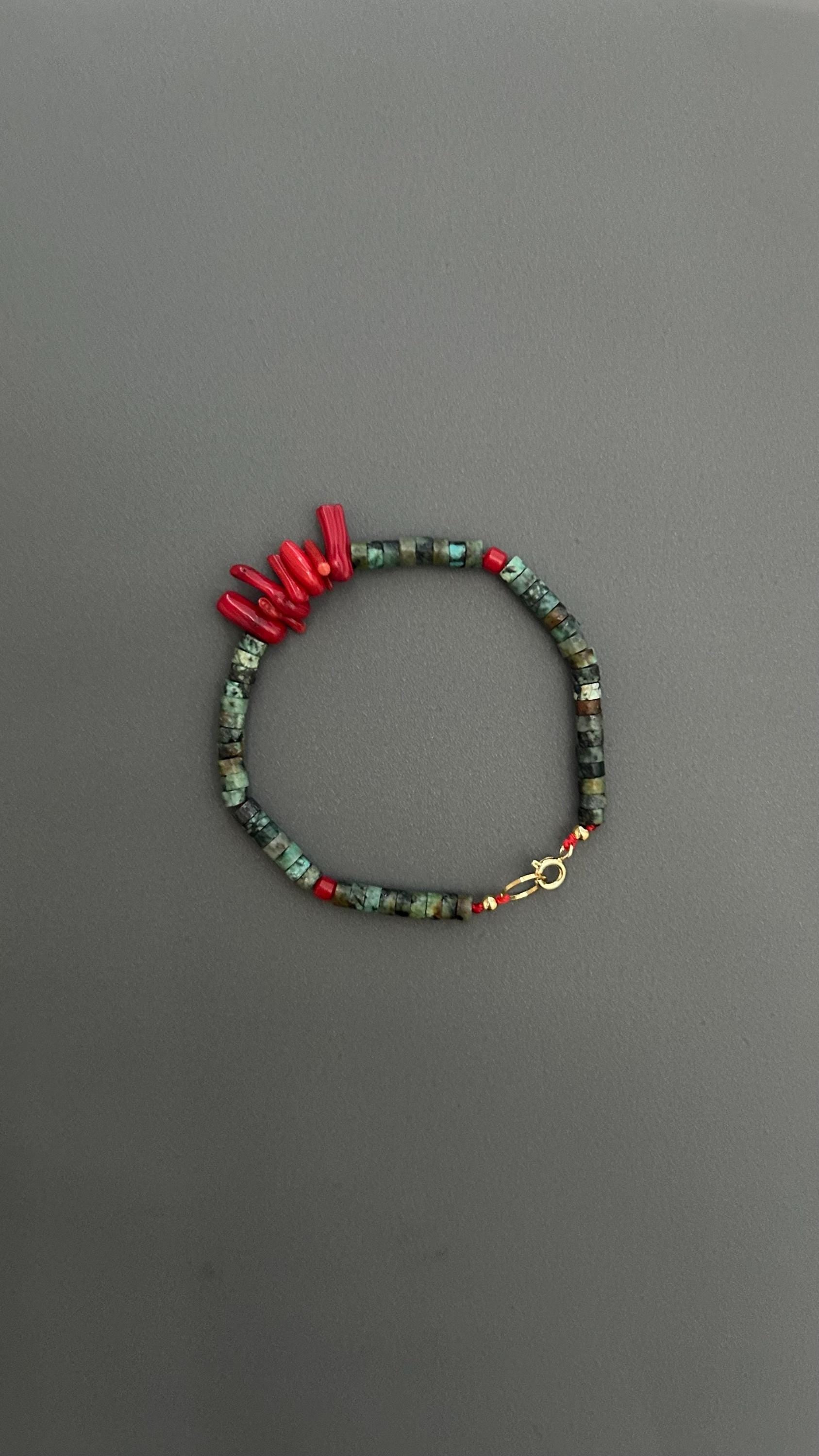 Red Coral Turquoise Beaded Bracelet: Handmade Boho Bangle