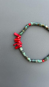 Red Coral Turquoise Beaded Bracelet: Handmade Boho Bangle