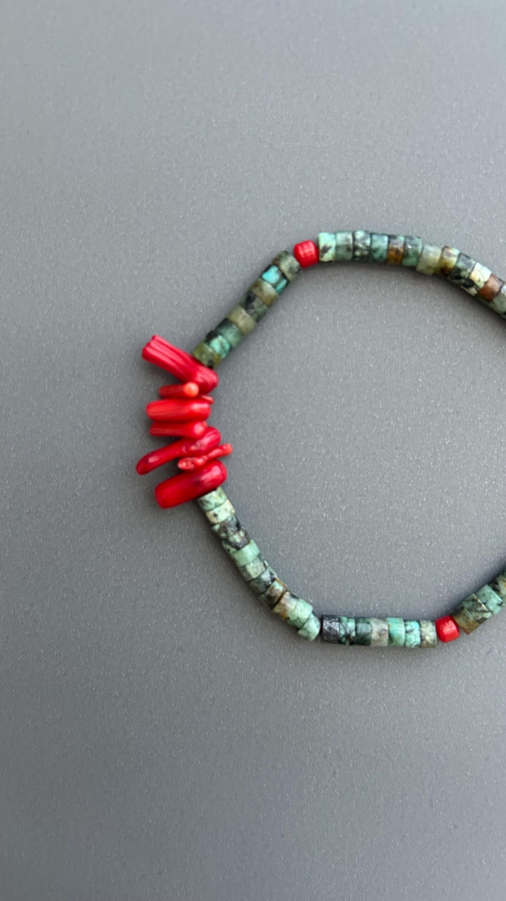 Red Coral Turquoise Beaded Bracelet: Handmade Boho Bangle
