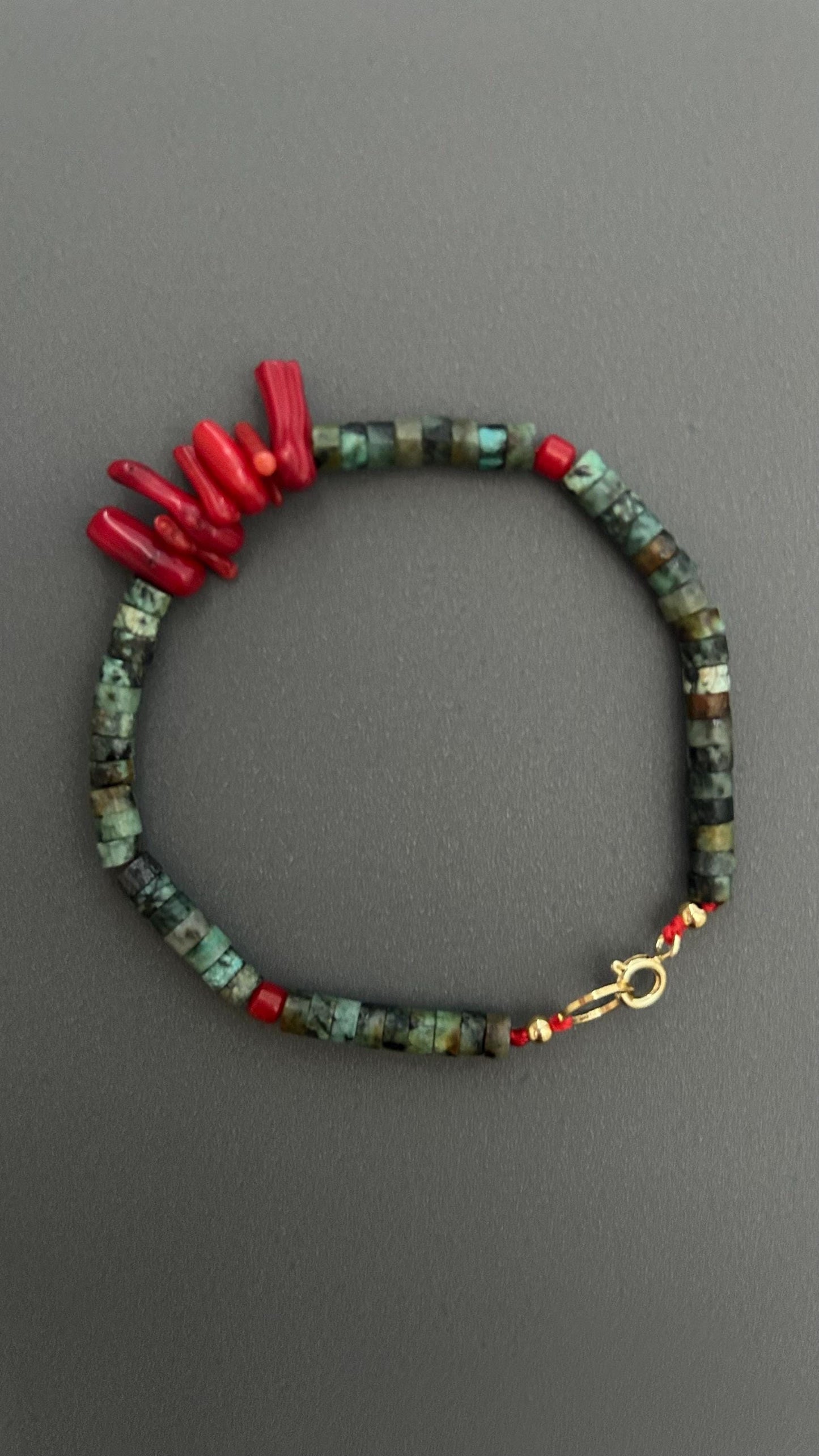 Red Coral Turquoise Beaded Bracelet: Handmade Boho Bangle