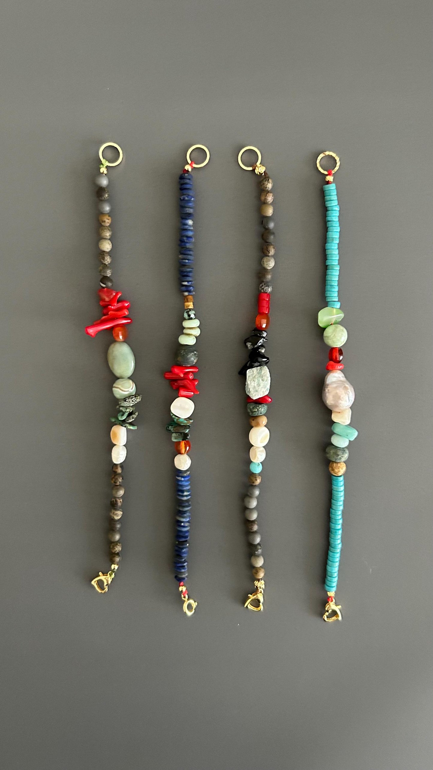Red Coral Turquoise Beaded Bracelet: Handmade Boho Bangle