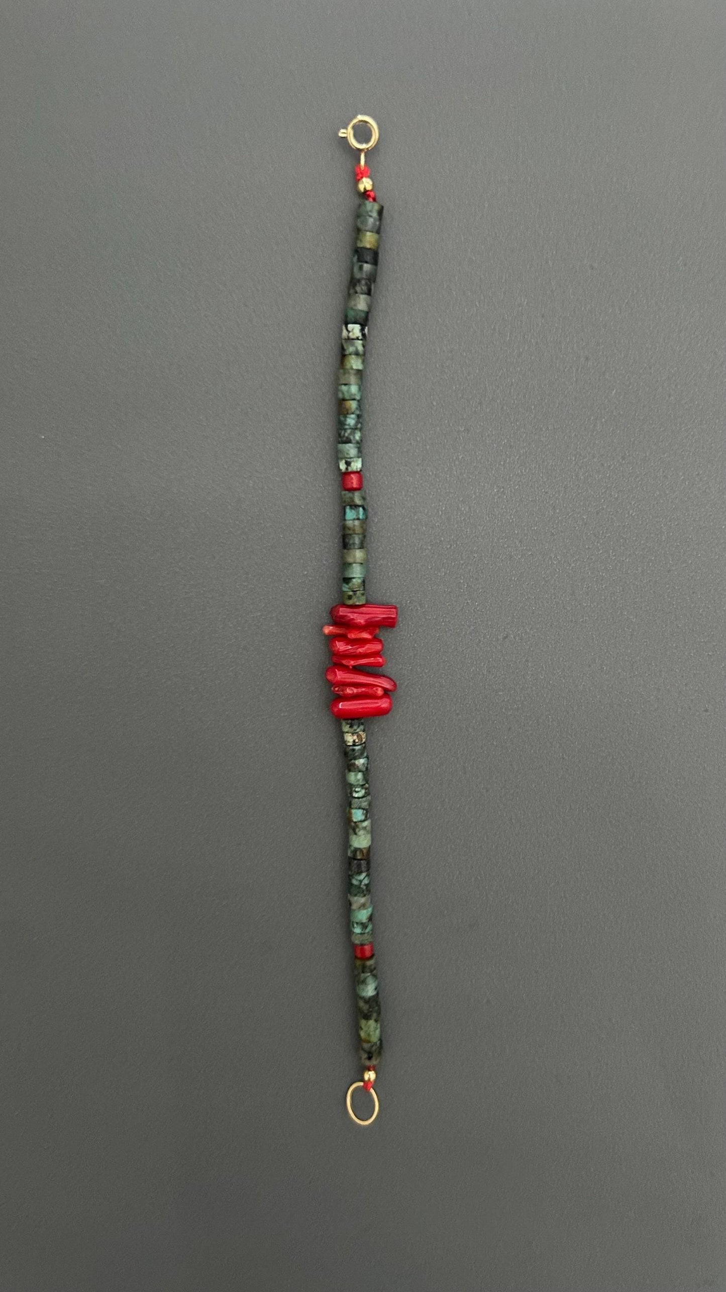 Red Coral Turquoise Beaded Bracelet: Handmade Boho Bangle