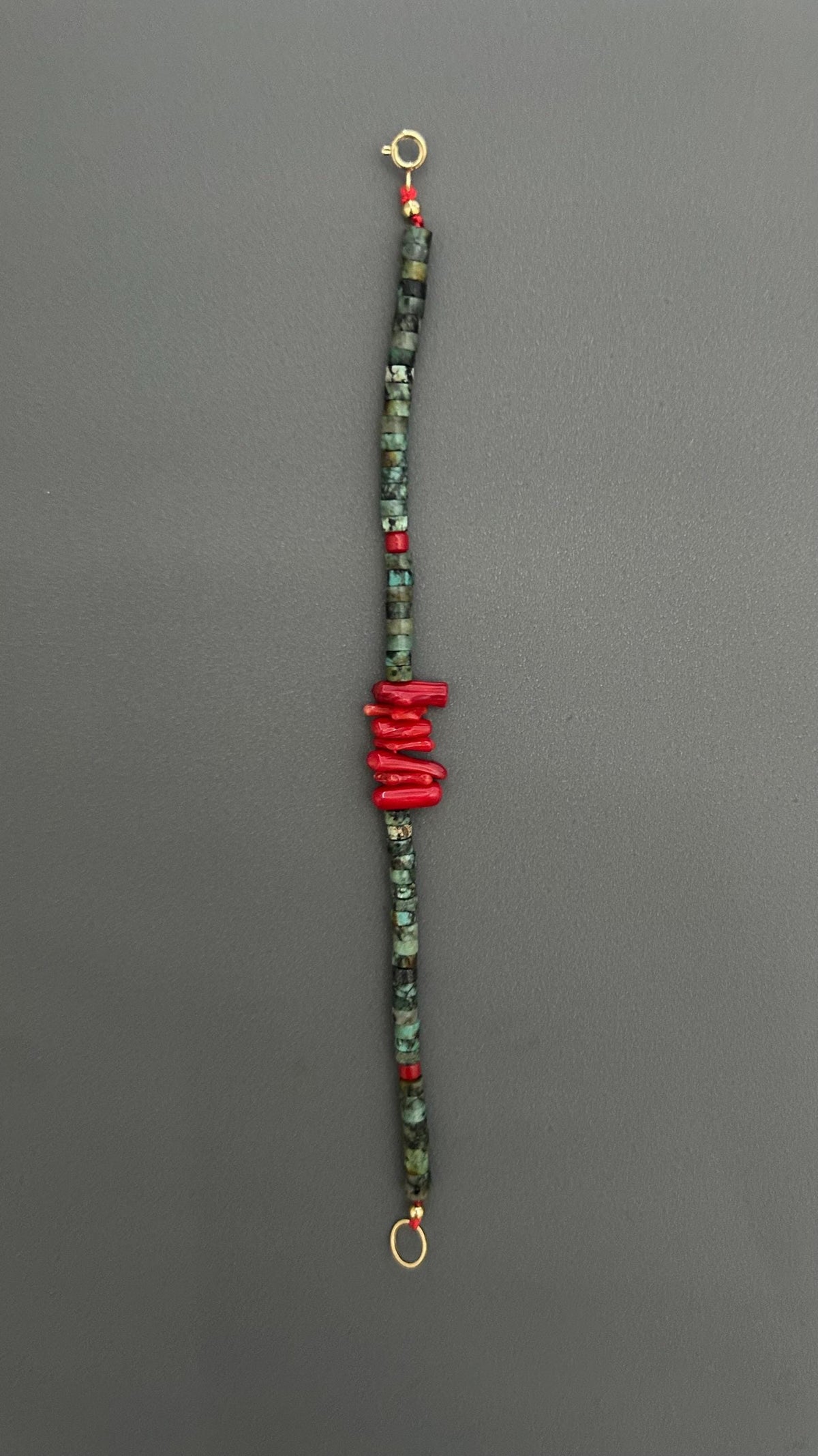 Red Coral Turquoise Beaded Bracelet: Handmade Boho Bangle