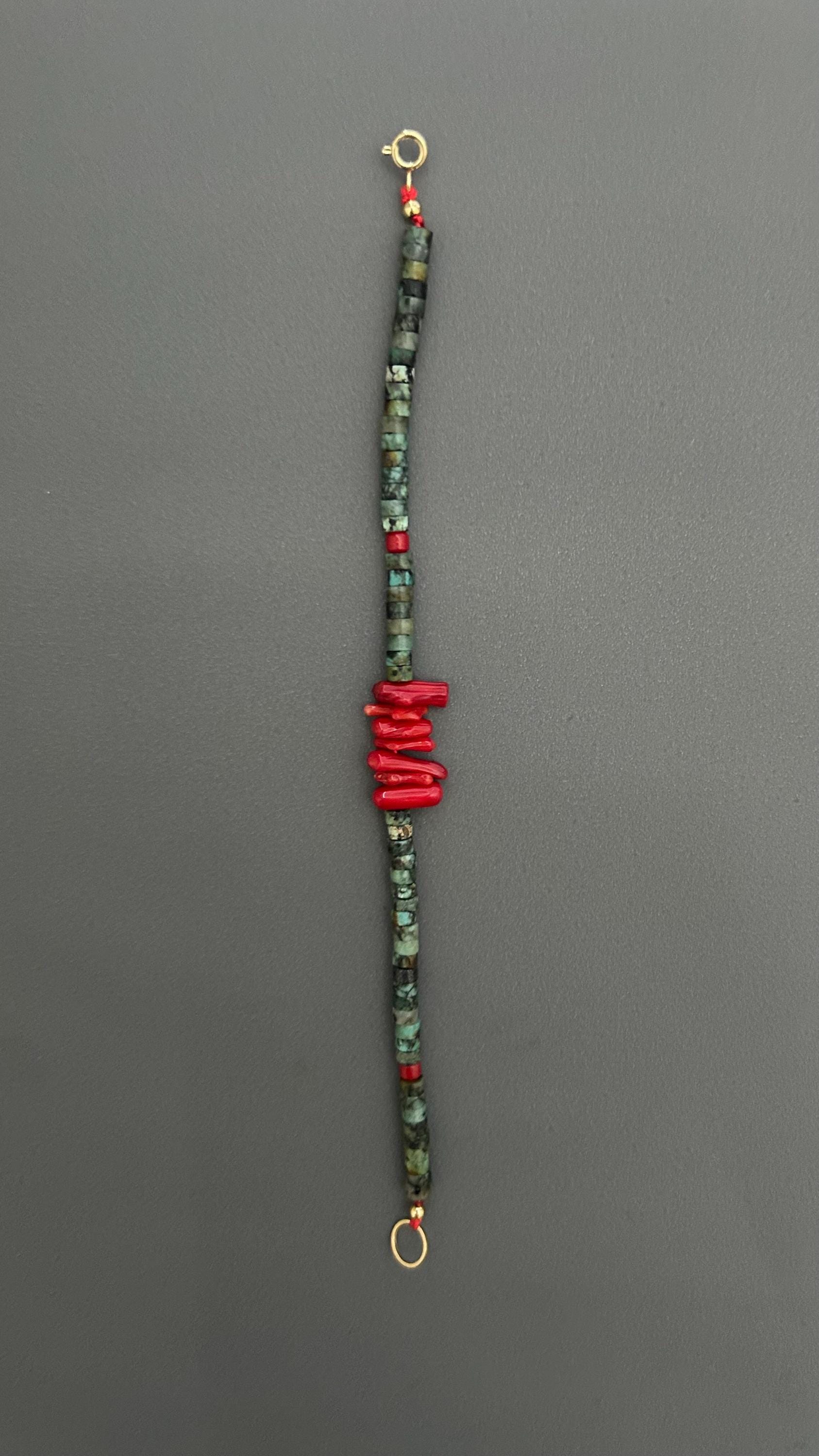 Red Coral Turquoise Beaded Bracelet: Handmade Boho Bangle