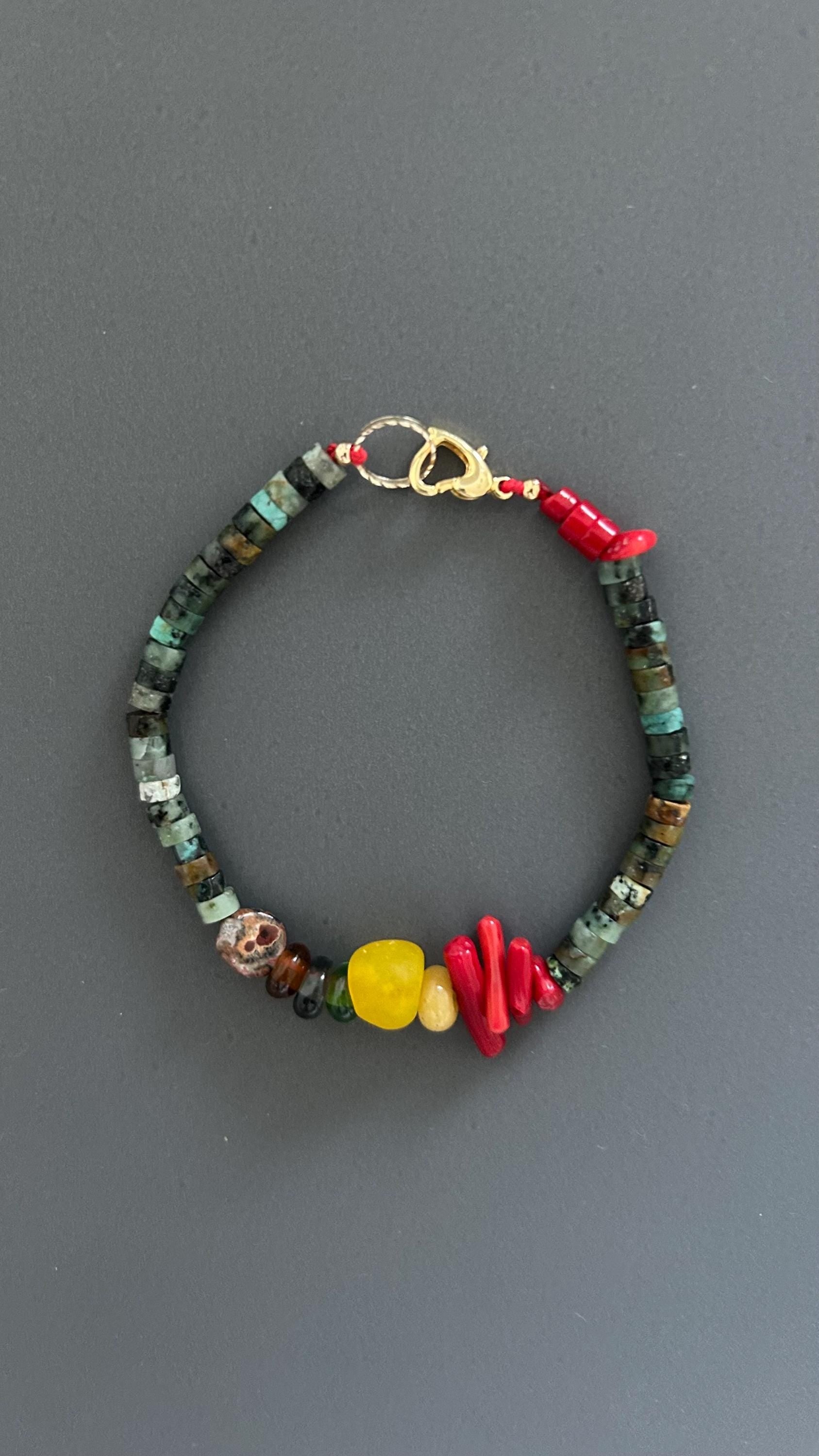 Turquoise & Coral Beaded Bracelet: Bohemian Unisex Wrist Wrap
