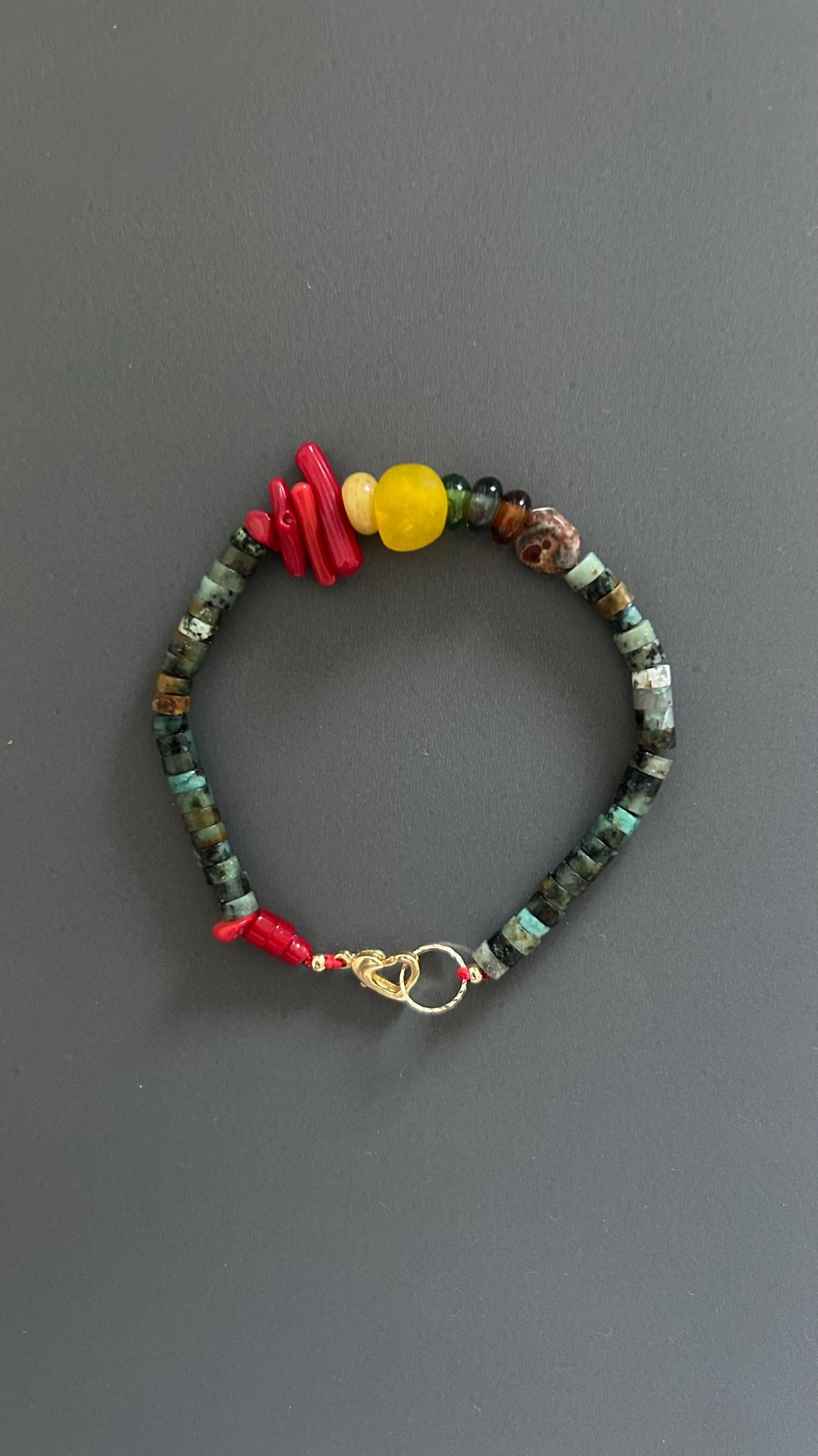 Turquoise & Coral Beaded Bracelet: Bohemian Unisex Wrist Wrap