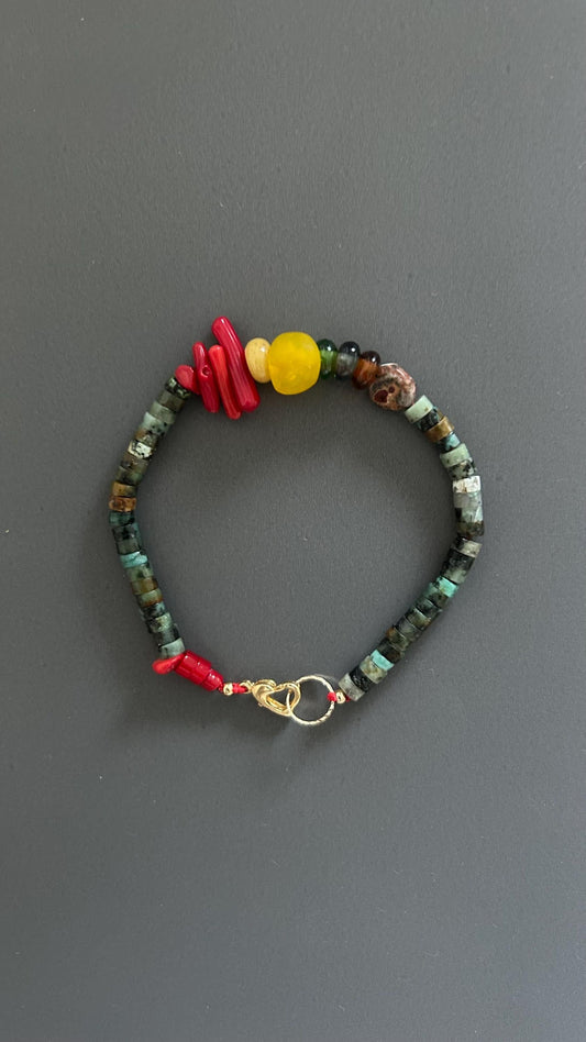 Turquoise & Coral Beaded Bracelet: Bohemian Unisex Wrist Wrap