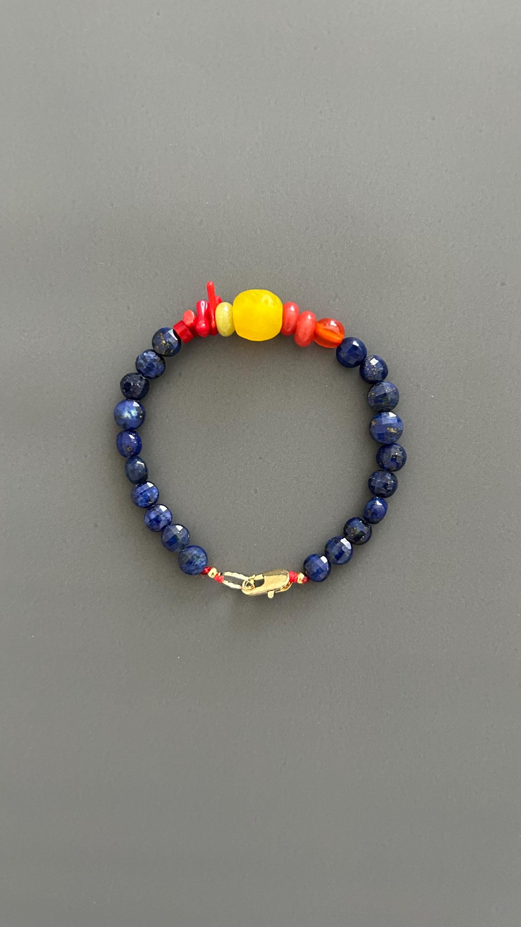 Lapis Lazuli Beaded Bracelet, Boho Bangle w/ Gold Plated Clasp | Stackable Crystal Jewelry | Yoga Meditation Gift for Her