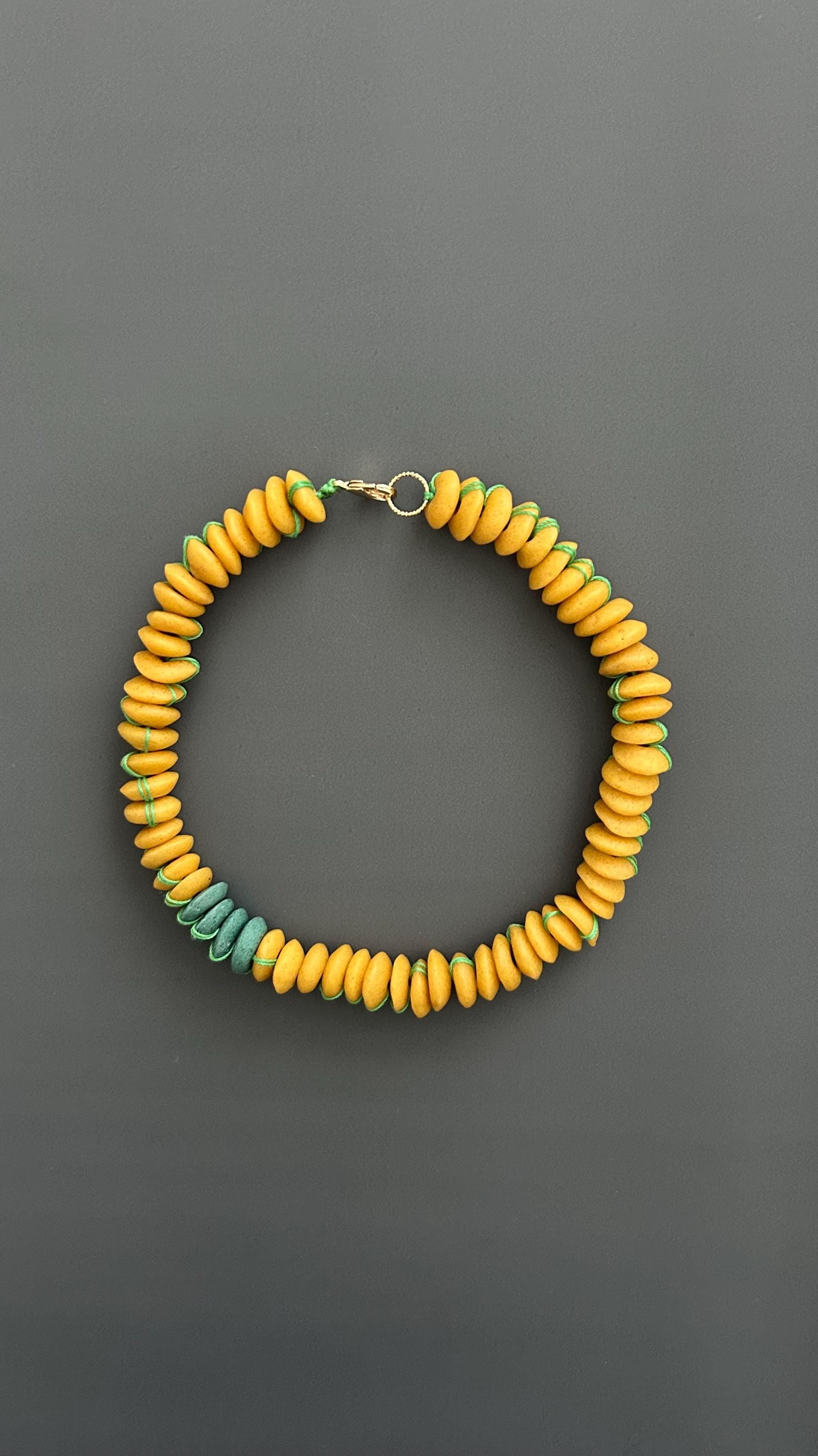 Yellow Flat Bead Choker, Green Silk Gold Plated Necklace, Dainty Bridesmaid Gift Jewelry