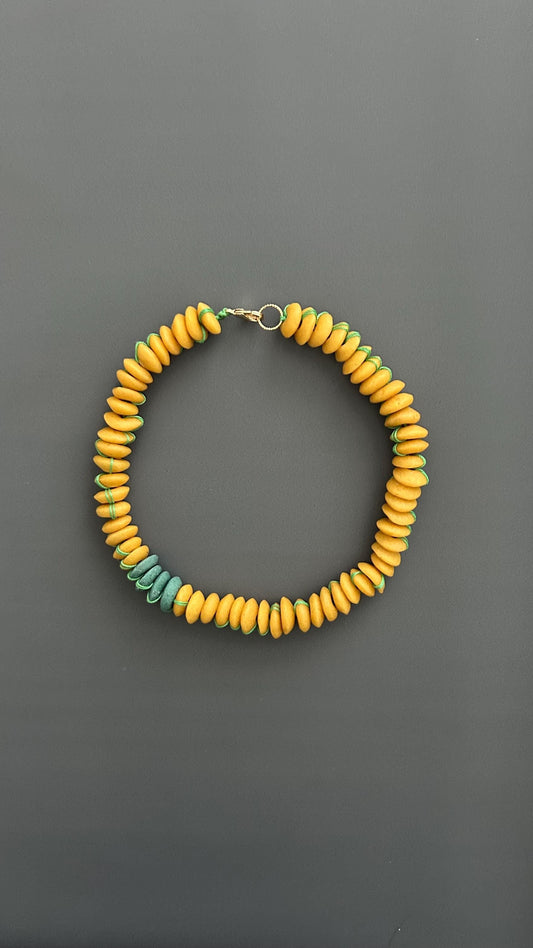 Yellow Flat Bead Choker, Green Silk Gold Plated Necklace, Dainty Bridesmaid Gift Jewelry