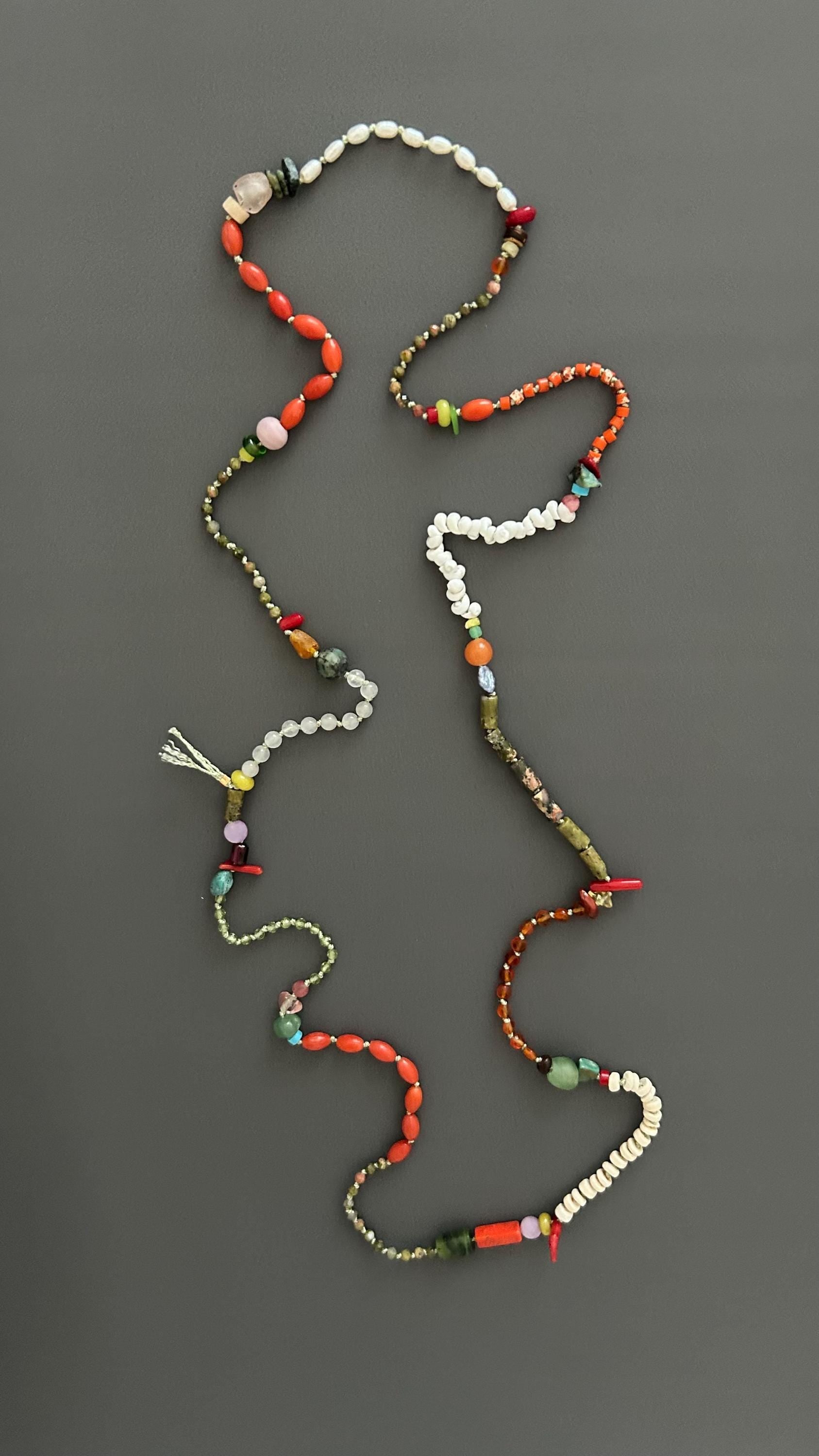 Bohemian Beaded Necklace | Handmade Natural Stone Flapper Style | Long 1920s Boho Necklace | Layering Gemstone Strand | Gift for Her