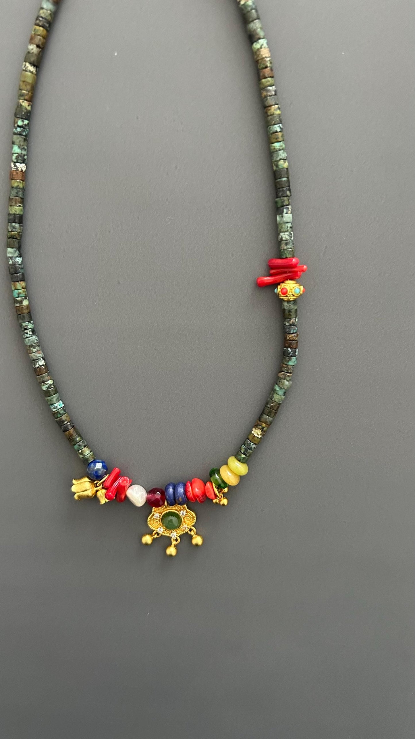 Orientalist Necklace: Natural Stone Pendants, 24k Gold Plated, Handmade