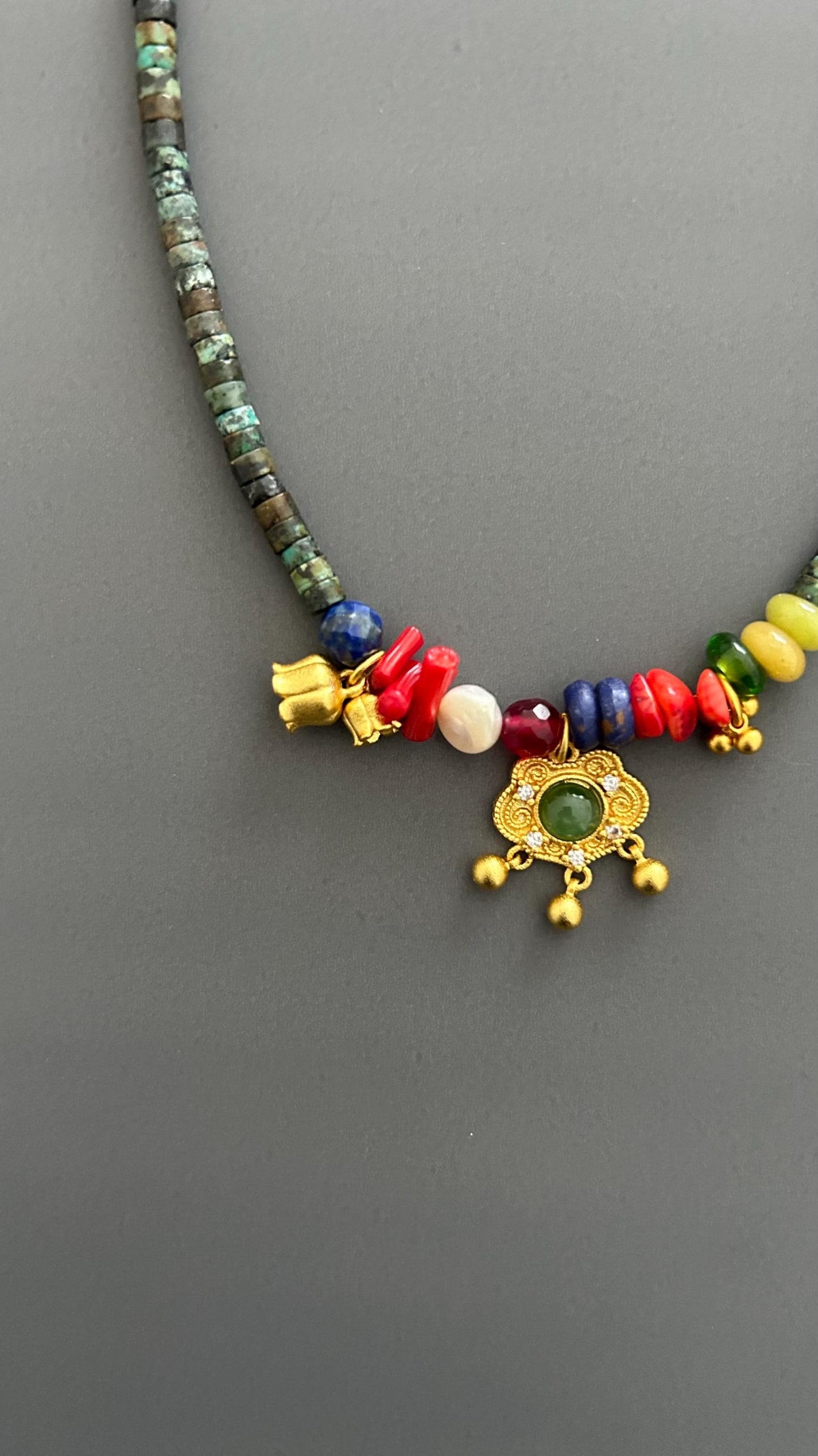 Orientalist Necklace: Natural Stone Pendants, 24k Gold Plated, Handmade