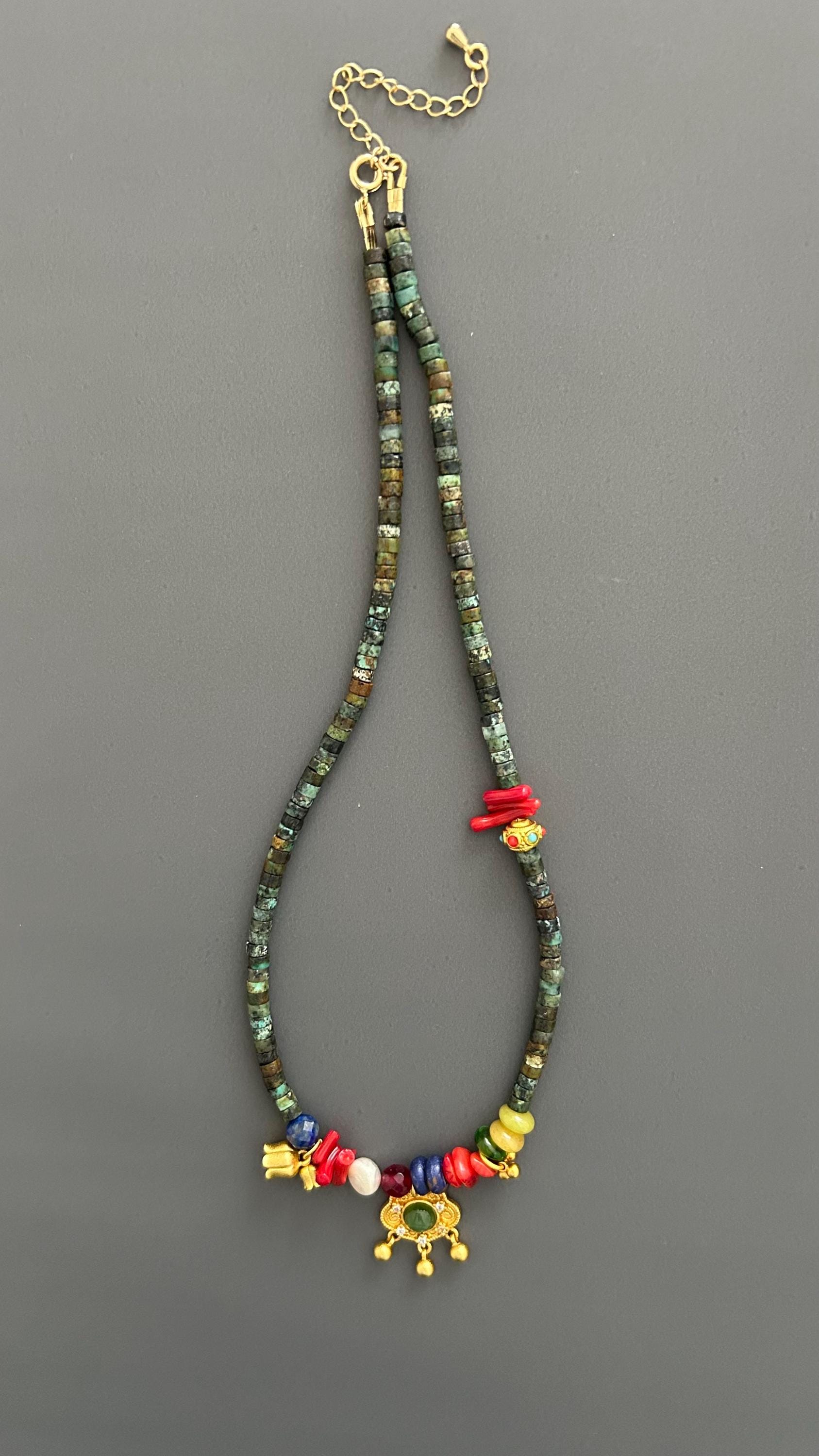 Orientalist Necklace: Natural Stone Pendants, 24k Gold Plated, Handmade