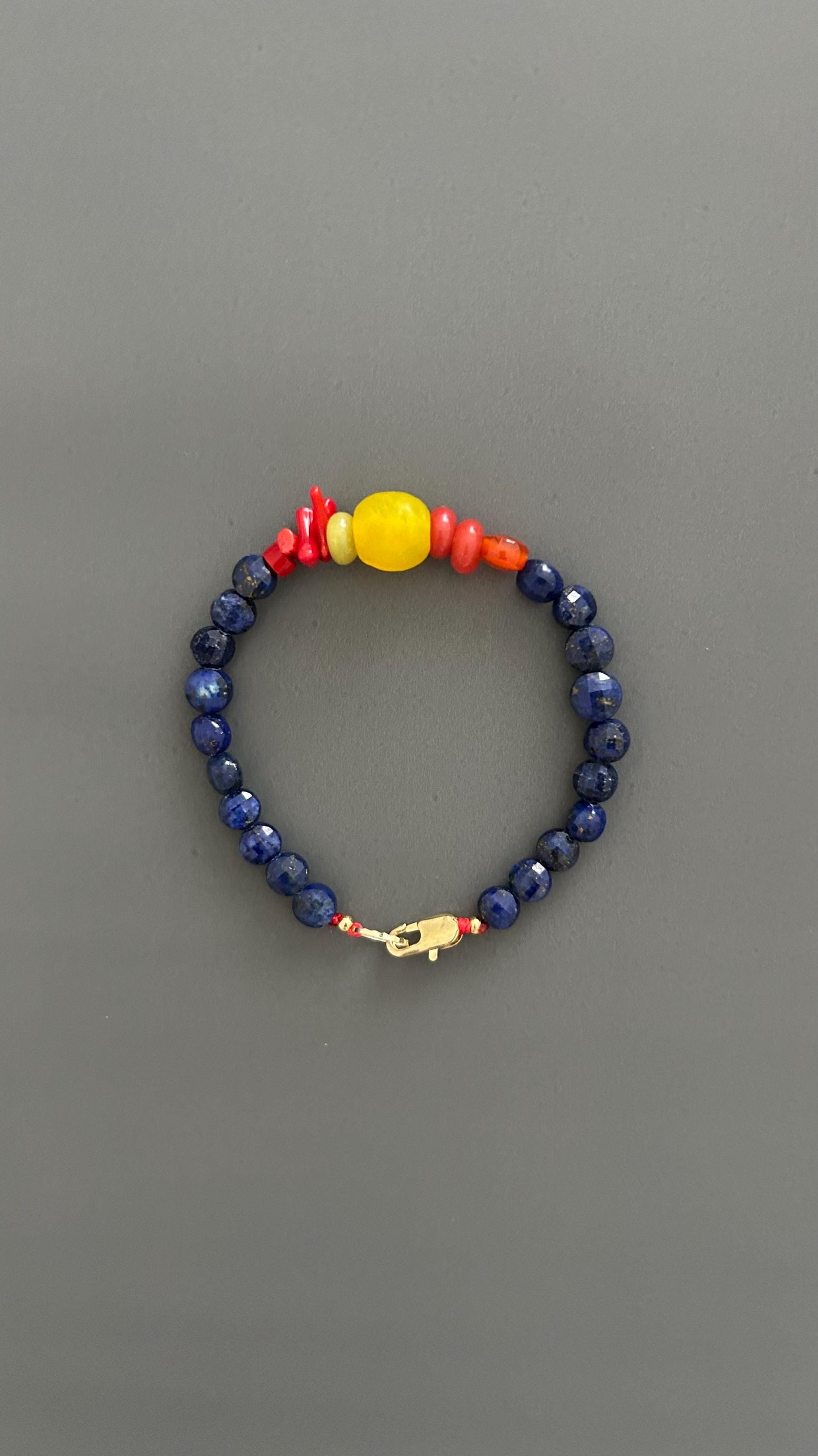 Lapis Lazuli Beaded Bracelet, Boho Bangle w/ Gold Plated Clasp | Stackable Crystal Jewelry | Yoga Meditation Gift for Her