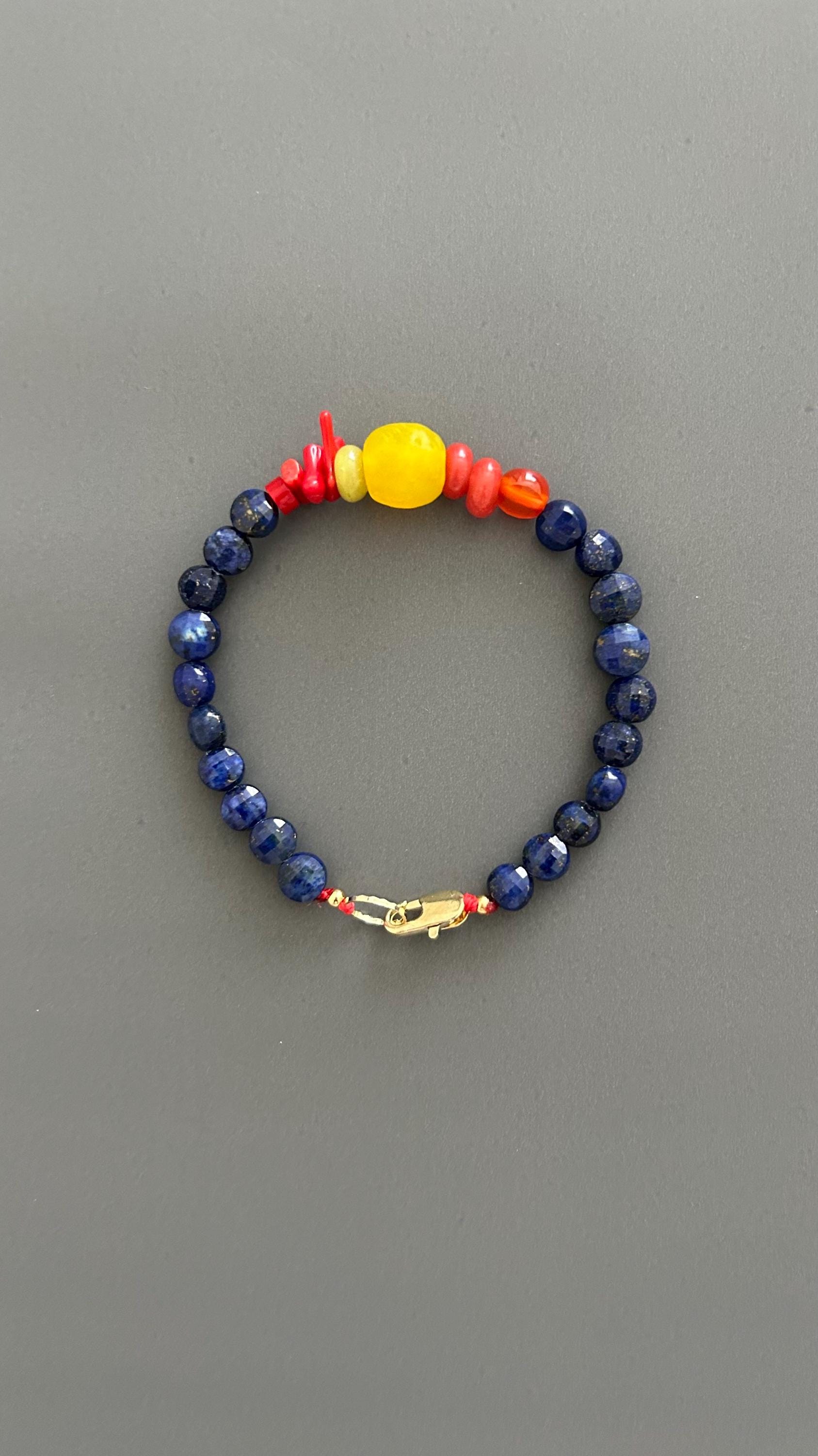 Lapis Lazuli Beaded Bracelet, Boho Bangle w/ Gold Plated Clasp | Stackable Crystal Jewelry | Yoga Meditation Gift for Her