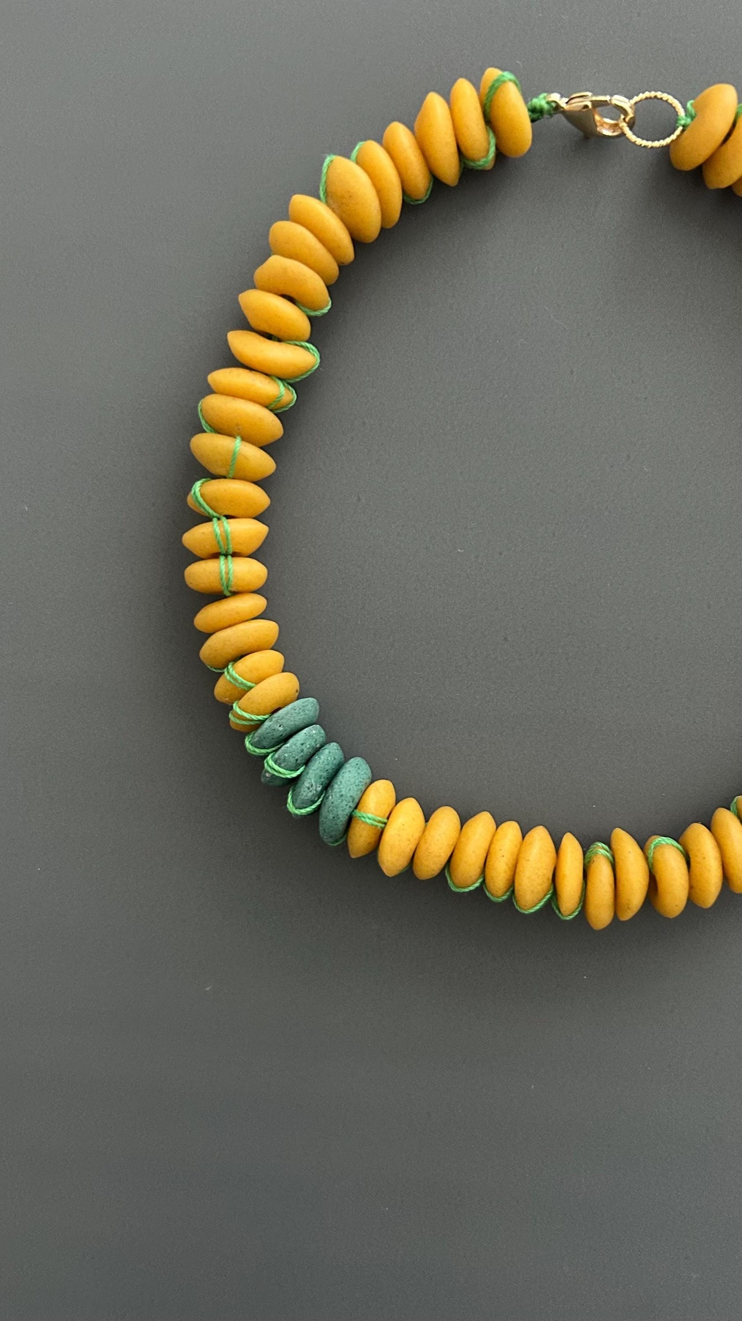Yellow Flat Bead Choker, Green Silk Gold Plated Necklace, Dainty Bridesmaid Gift Jewelry