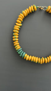 Yellow Flat Bead Choker, Green Silk Gold Plated Necklace, Dainty Bridesmaid Gift Jewelry