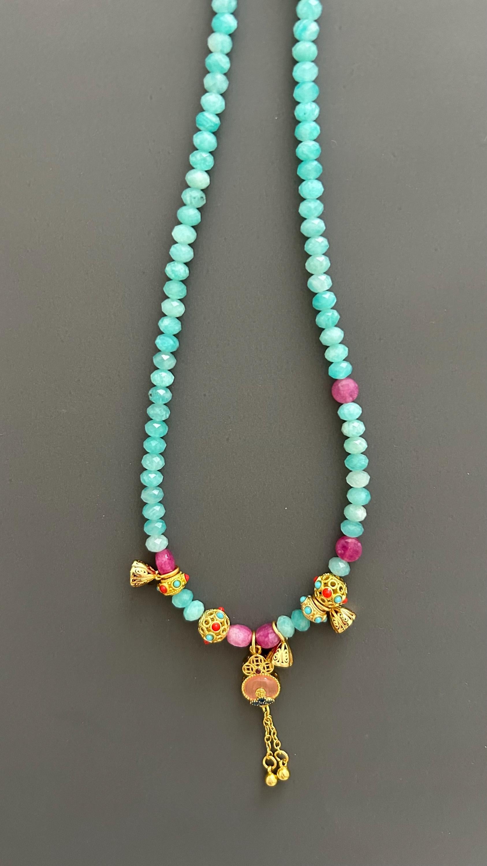 Tibetan Style Amazonite Pendant Necklace: Maximalist Boho Jewelry