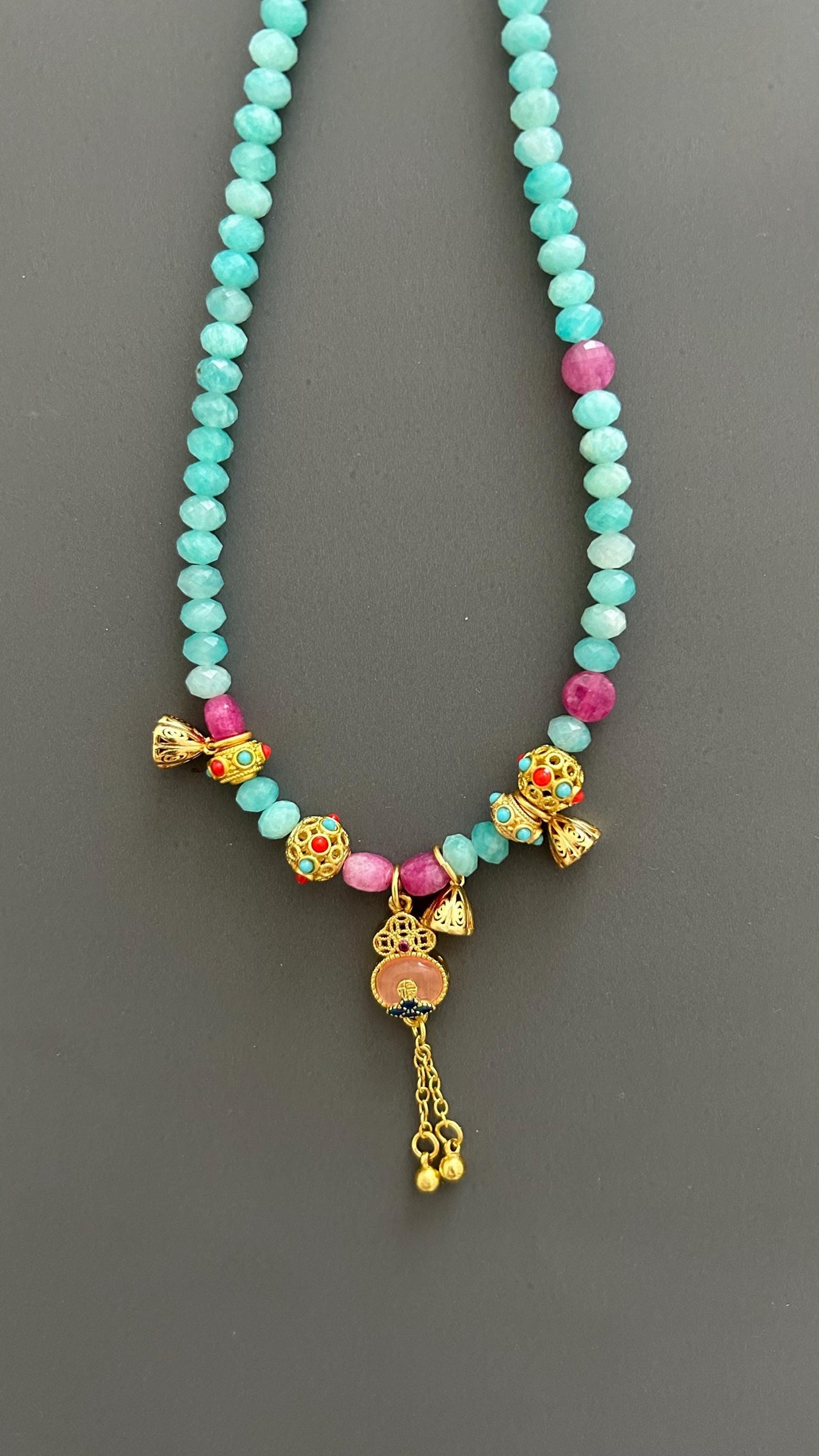 Tibetan Style Amazonite Pendant Necklace: Maximalist Boho Jewelry