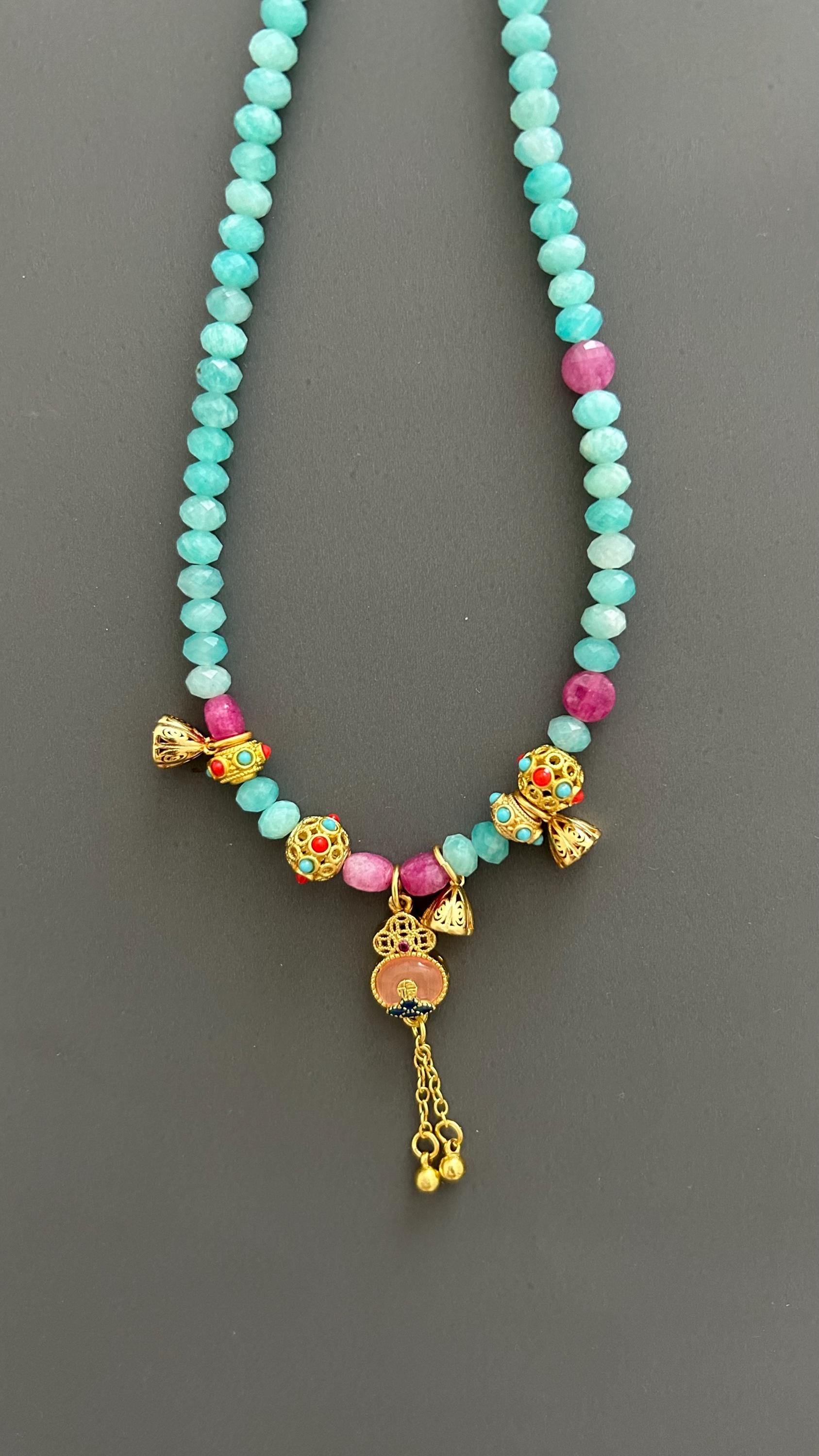 Tibetan Style Amazonite Pendant Necklace: Maximalist Boho Jewelry
