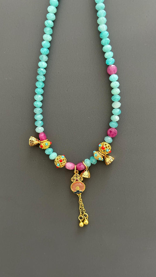 Tibetan Style Amazonite Pendant Necklace: Maximalist Boho Jewelry