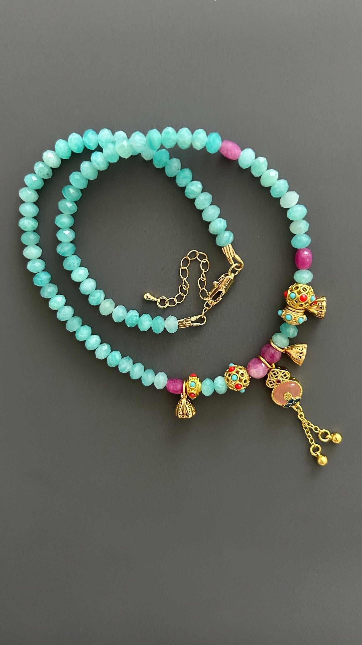 Tibetan Style Amazonite Pendant Necklace: Maximalist Boho Jewelry