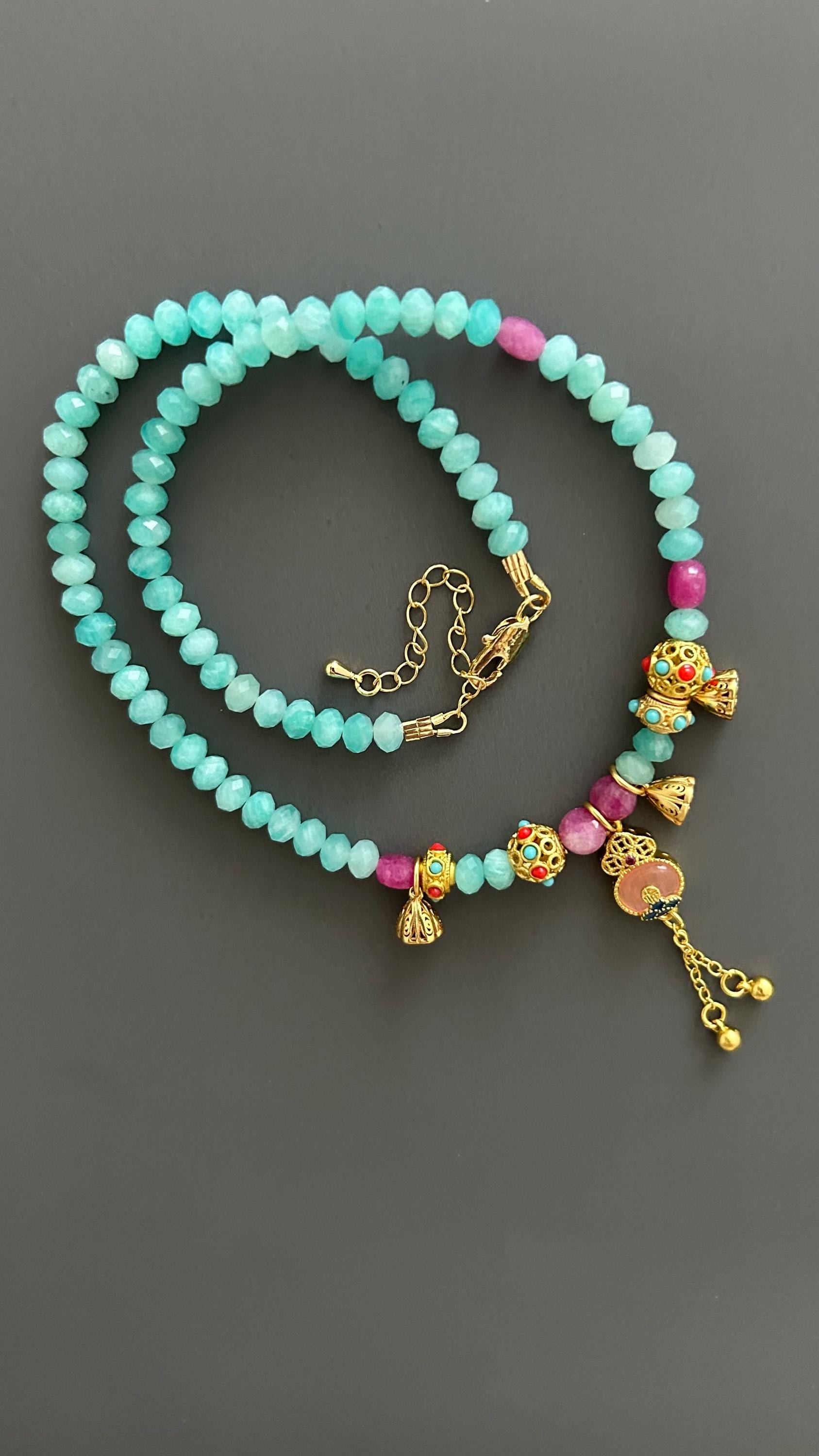 Tibetan Style Amazonite Pendant Necklace: Maximalist Boho Jewelry