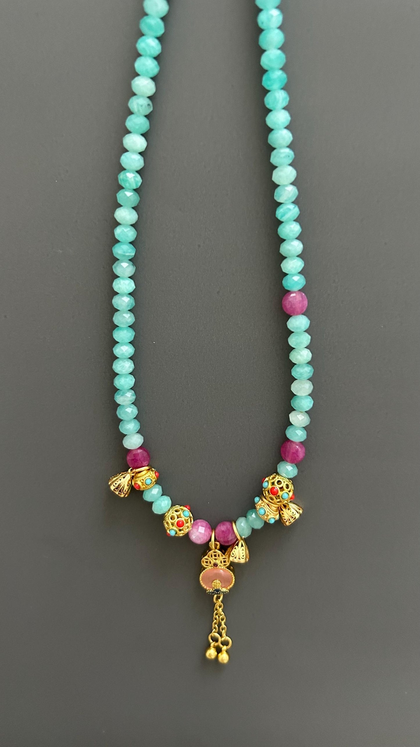 Tibetan Style Amazonite Pendant Necklace: Maximalist Boho Jewelry