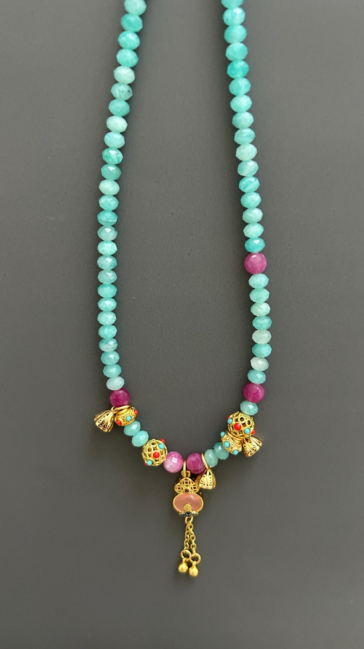 Tibetan Style Amazonite Pendant Necklace: Maximalist Boho Jewelry