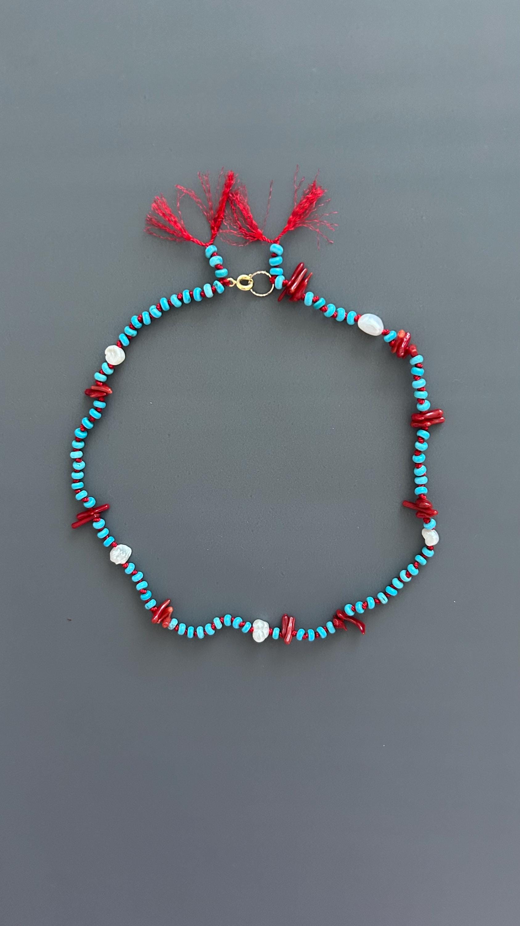 Red Coral Adjustable Choker - Handmade Boho Festival Necklace - Earthy Threaded Jewelry Gift