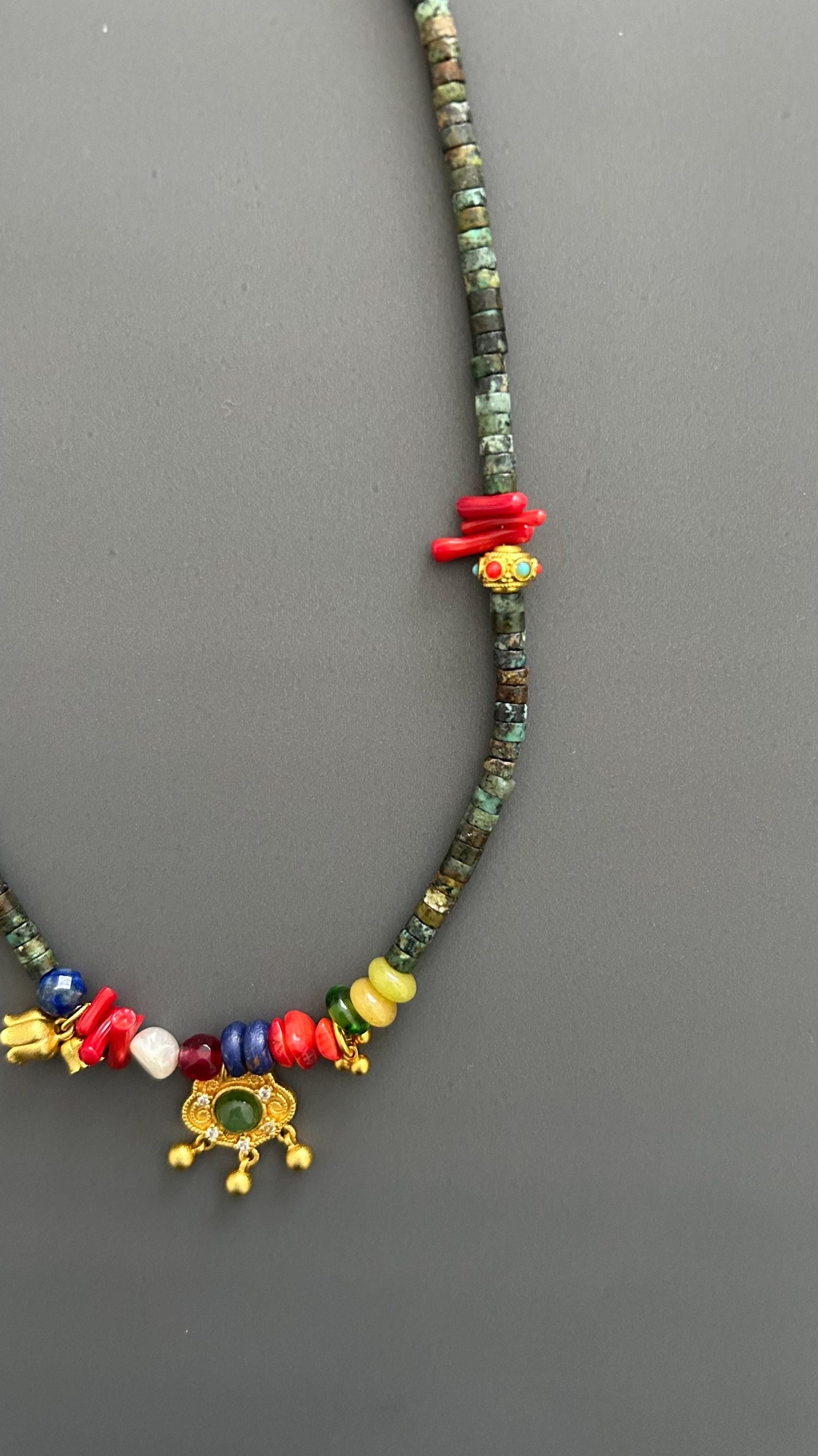Orientalist Necklace: Natural Stone Pendants, 24k Gold Plated, Handmade