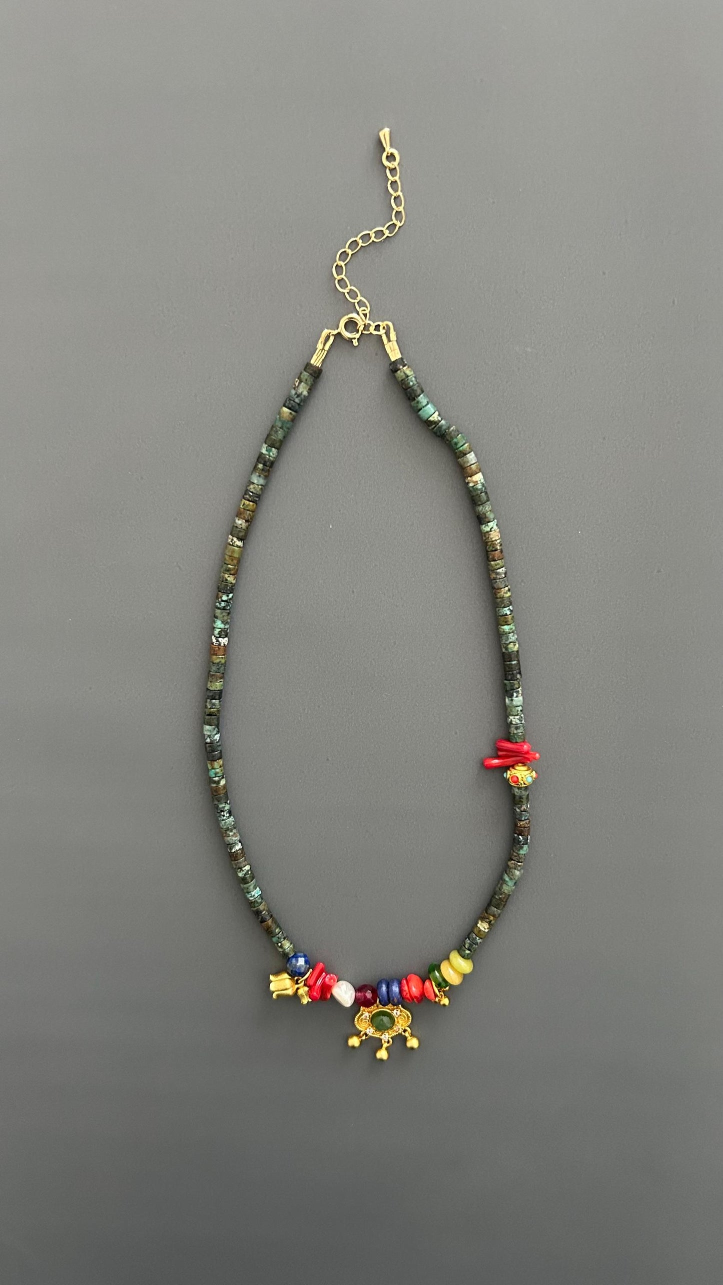 Orientalist Necklace: Natural Stone Pendants, 24k Gold Plated, Handmade