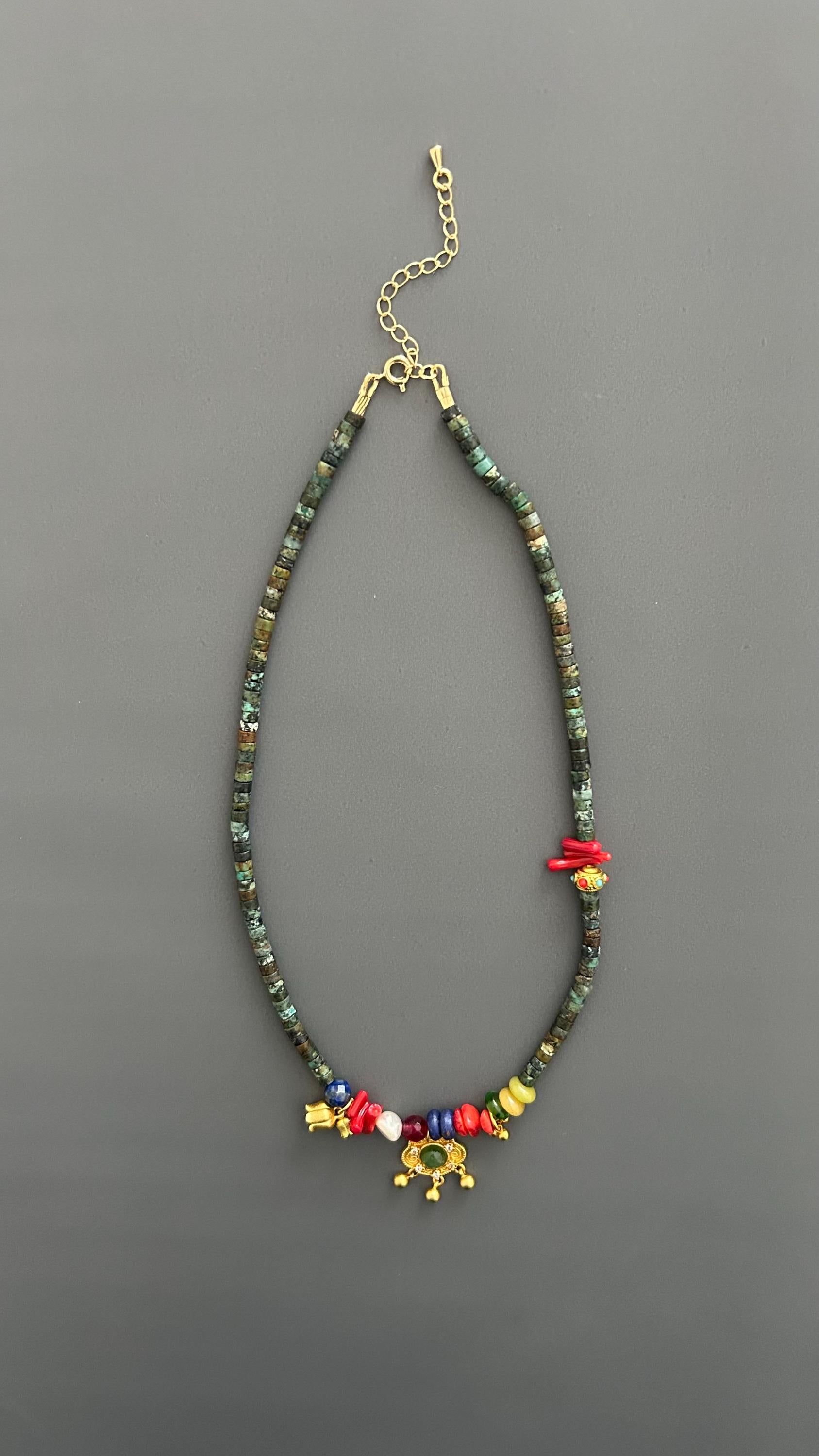 Orientalist Necklace: Natural Stone Pendants, 24k Gold Plated, Handmade