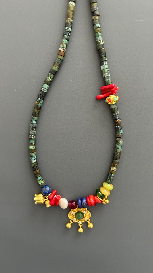 Orientalist Necklace: Natural Stone Pendants, 24k Gold Plated, Handmade