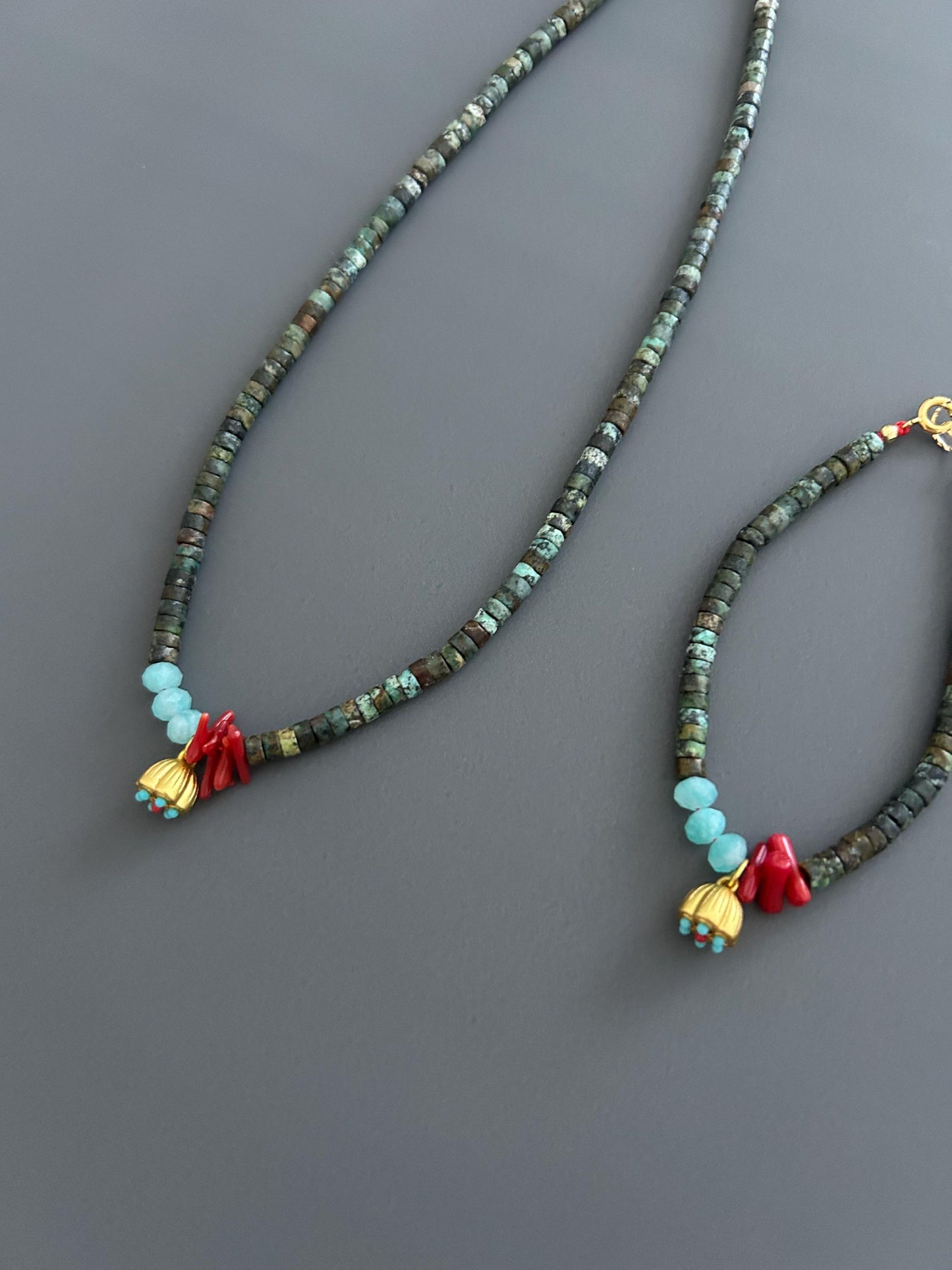 Turquoise Red Coral Choker Bracelet Set, Gold Plated Boho Jewelry, Luxury Gift Her