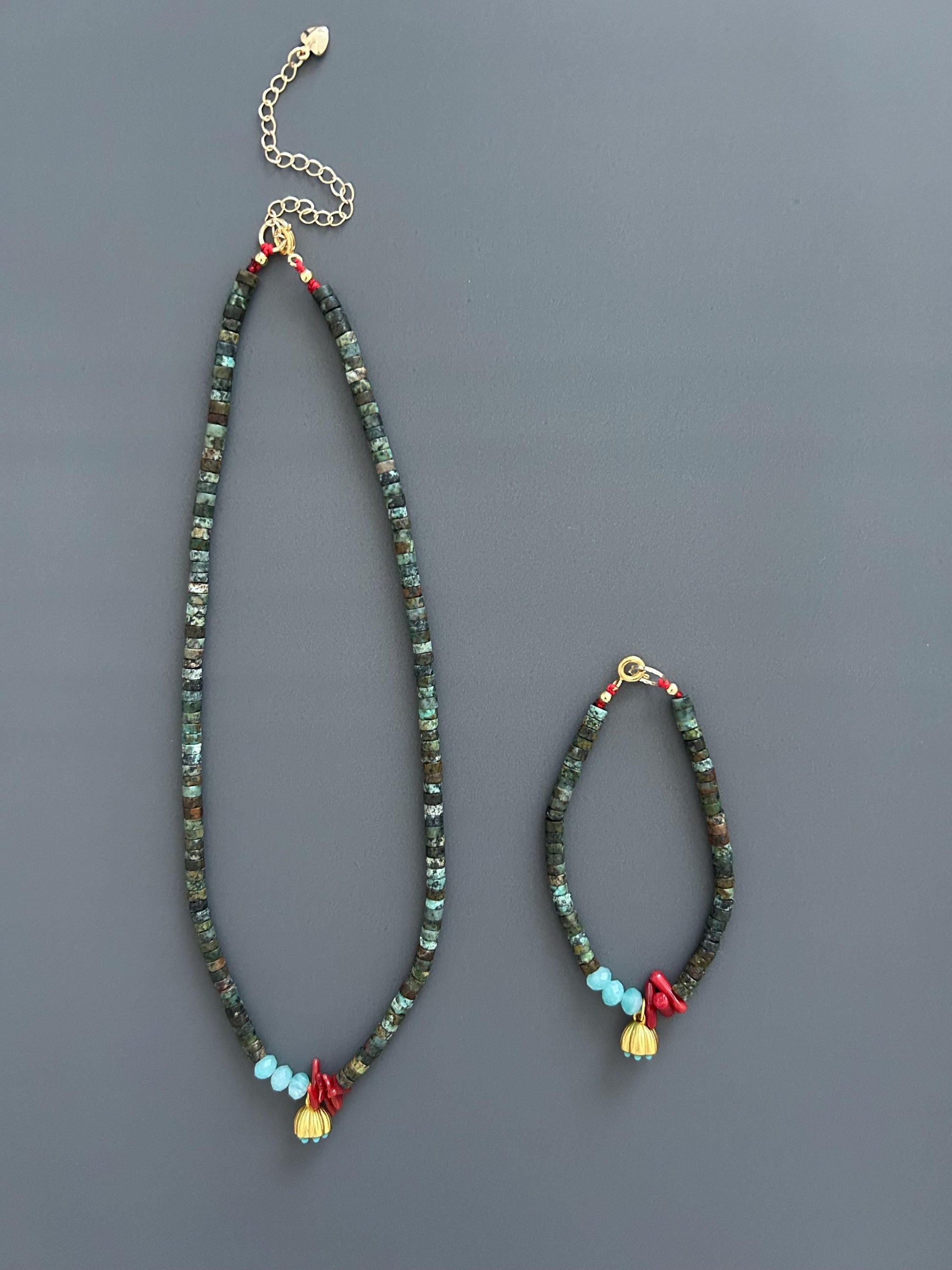 Turquoise Red Coral Choker Bracelet Set, Gold Plated Boho Jewelry, Luxury Gift Her