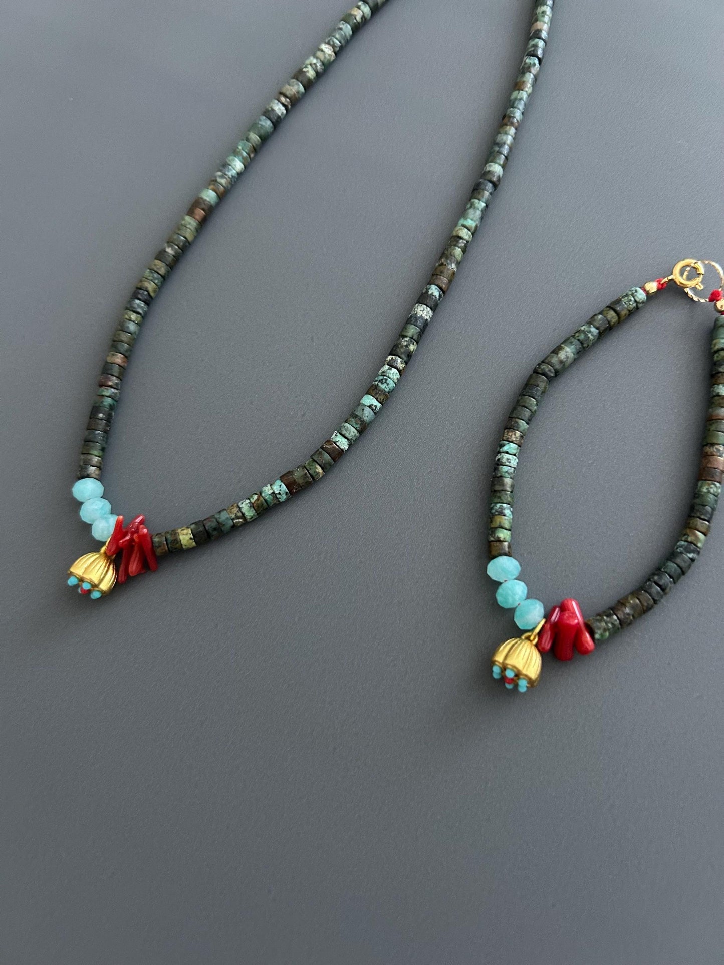 Turquoise Red Coral Choker Bracelet Set, Gold Plated Boho Jewelry, Luxury Gift Her