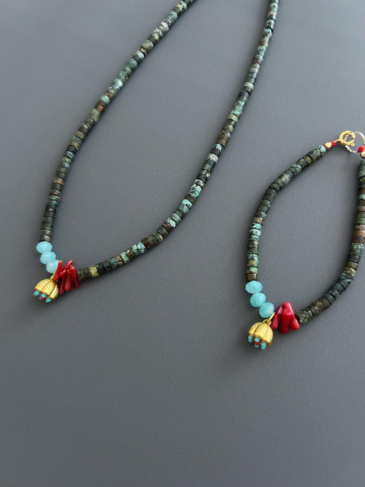 Turquoise Red Coral Choker Bracelet Set, Gold Plated Boho Jewelry, Luxury Gift Her