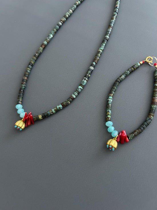 Turquoise Red Coral Choker Bracelet Set, Gold Plated Boho Jewelry, Luxury Gift Her