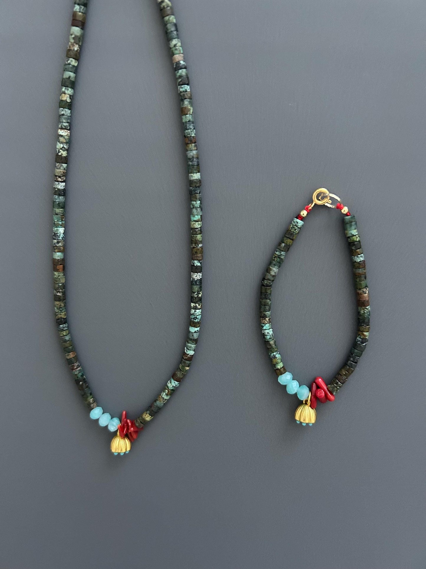 Turquoise Red Coral Choker Bracelet Set, Gold Plated Boho Jewelry, Luxury Gift Her