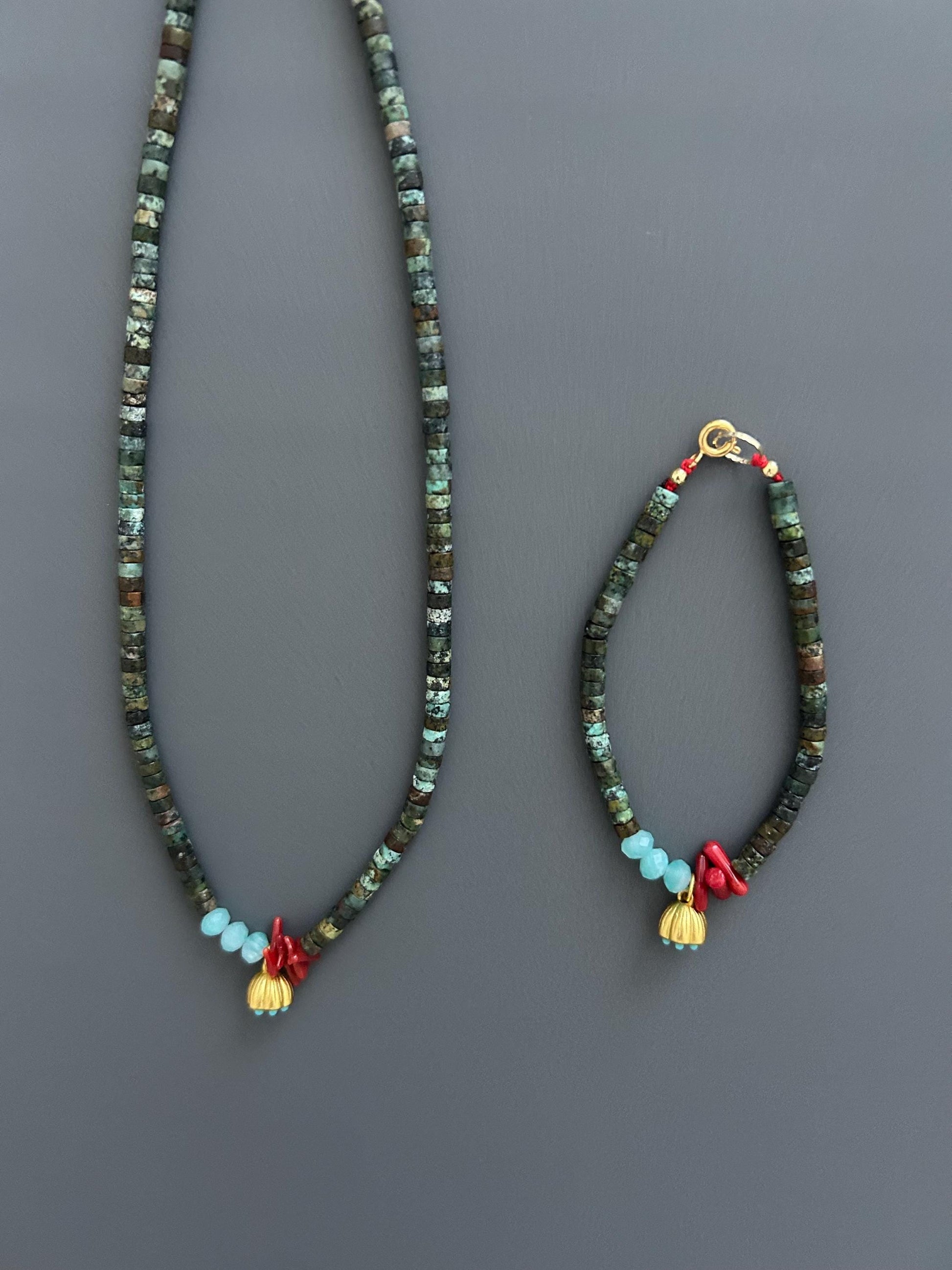 Turquoise Red Coral Choker Bracelet Set, Gold Plated Boho Jewelry, Luxury Gift Her