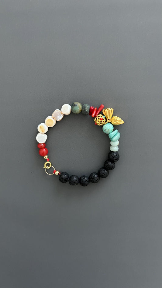 Boho Beaded Bracelet: Gold Plated Bell Pendant, Artisan Jewelry