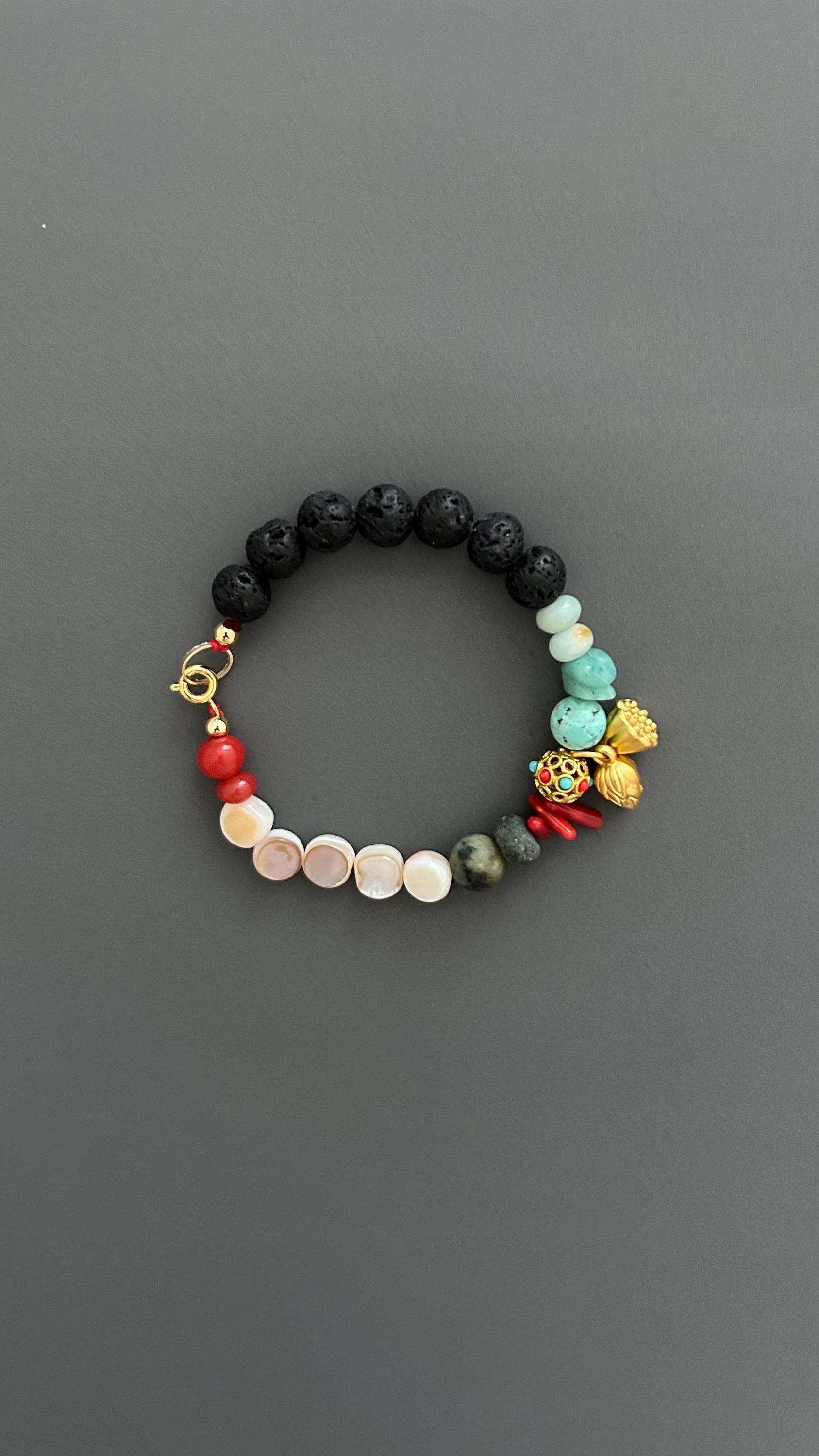 Boho Beaded Bracelet: Gold Plated Bell Pendant, Artisan Jewelry