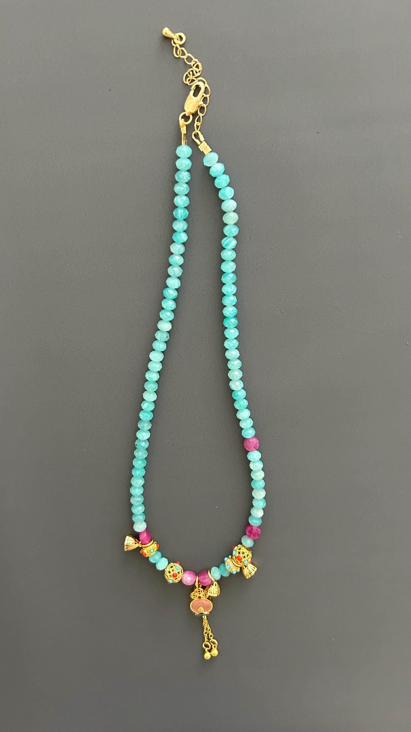 Tibetan Style Amazonite Pendant Necklace: Maximalist Boho Jewelry
