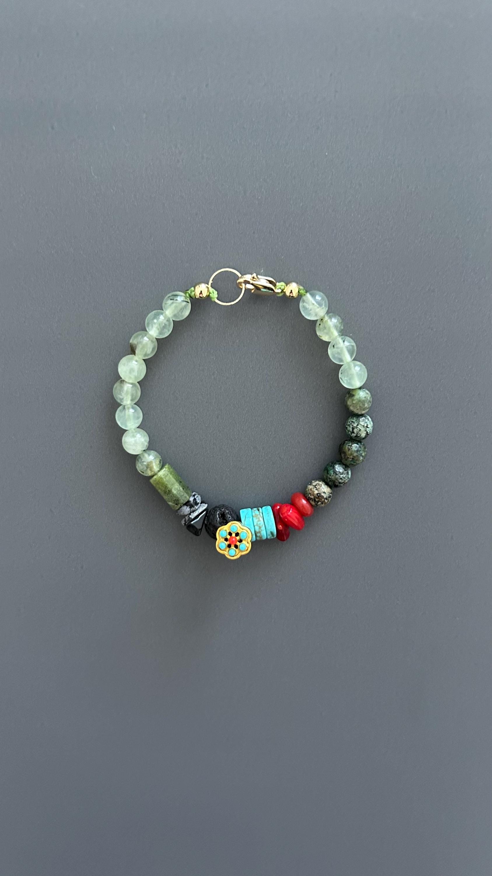 Boho Red Coral & Turquoise Bracelet: Unisex Hippie Jewelry
