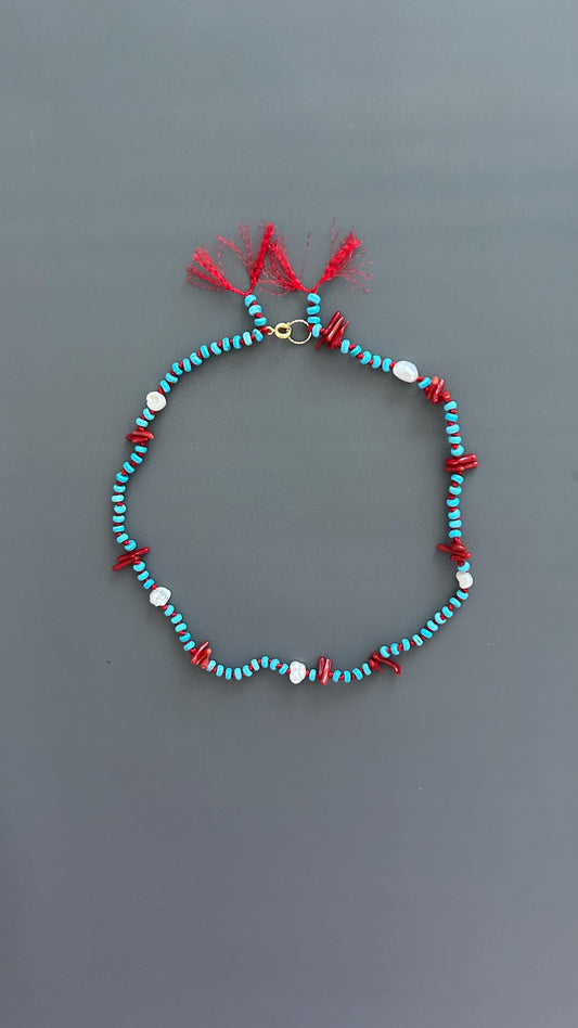 Red Coral Adjustable Choker - Handmade Boho Festival Necklace - Earthy Threaded Jewelry Gift