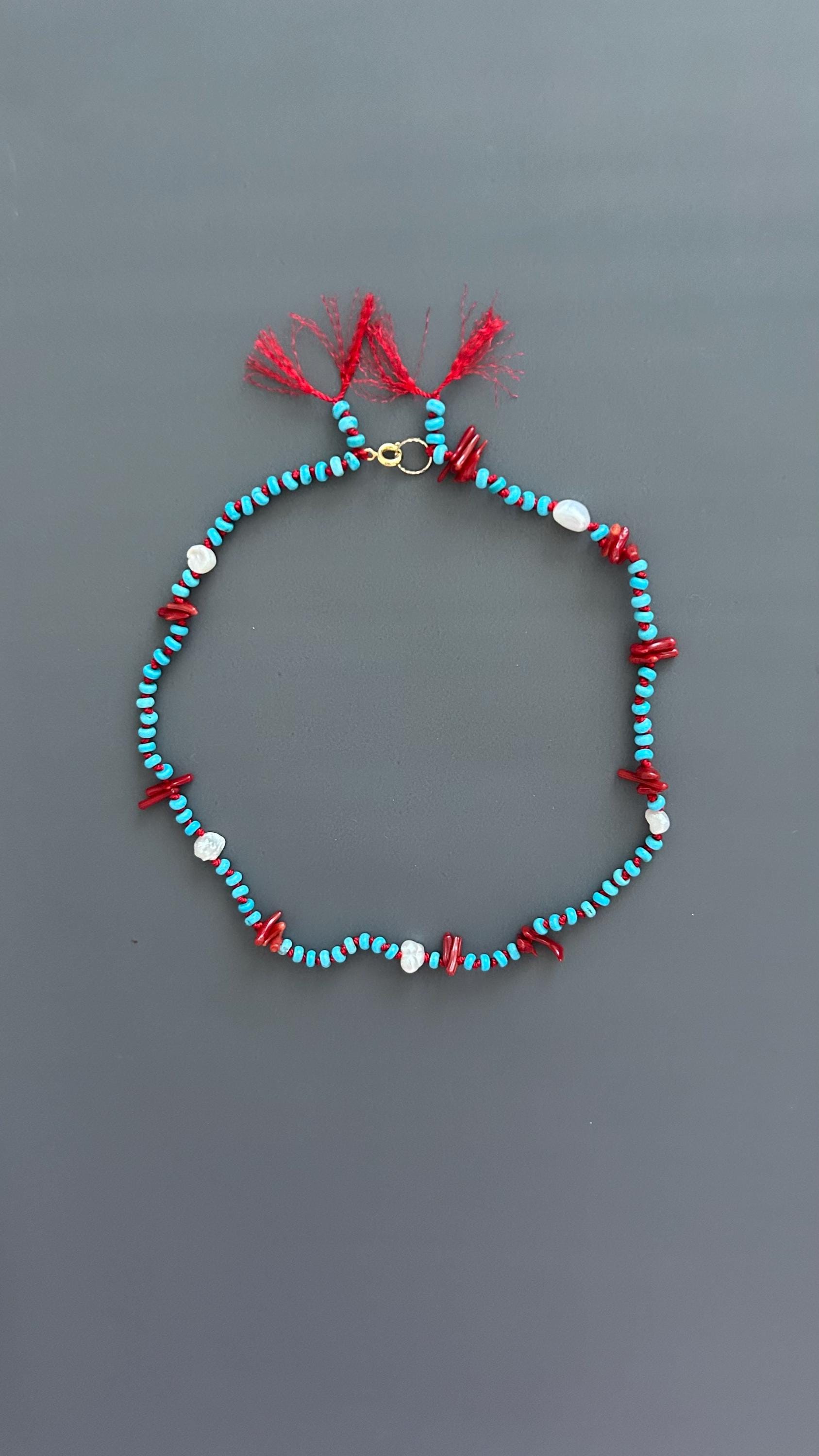 Red Coral Adjustable Choker - Handmade Boho Festival Necklace - Earthy Threaded Jewelry Gift