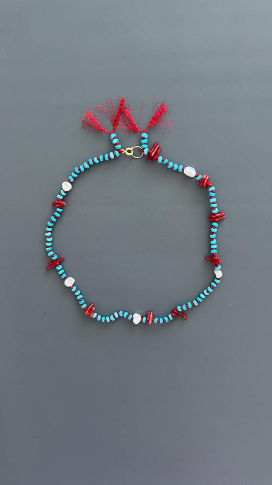 Red Coral Adjustable Choker - Handmade Boho Festival Necklace - Earthy Threaded Jewelry Gift